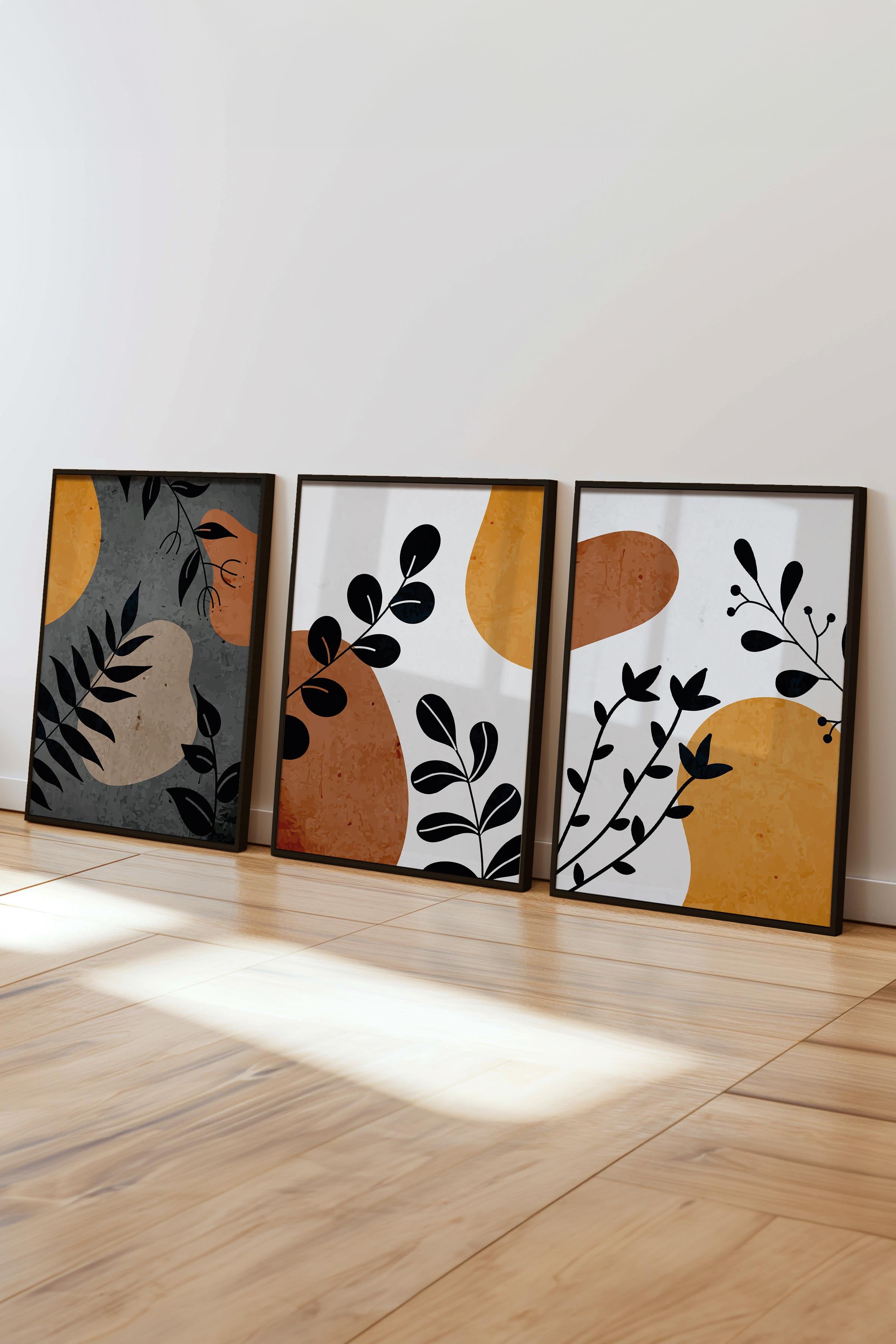 Çerçeveli Tablo Seti, 3 Adet Siyah Çerçeve ve Boho Temalı Poster Seti, Duvar Tablosu No:300636