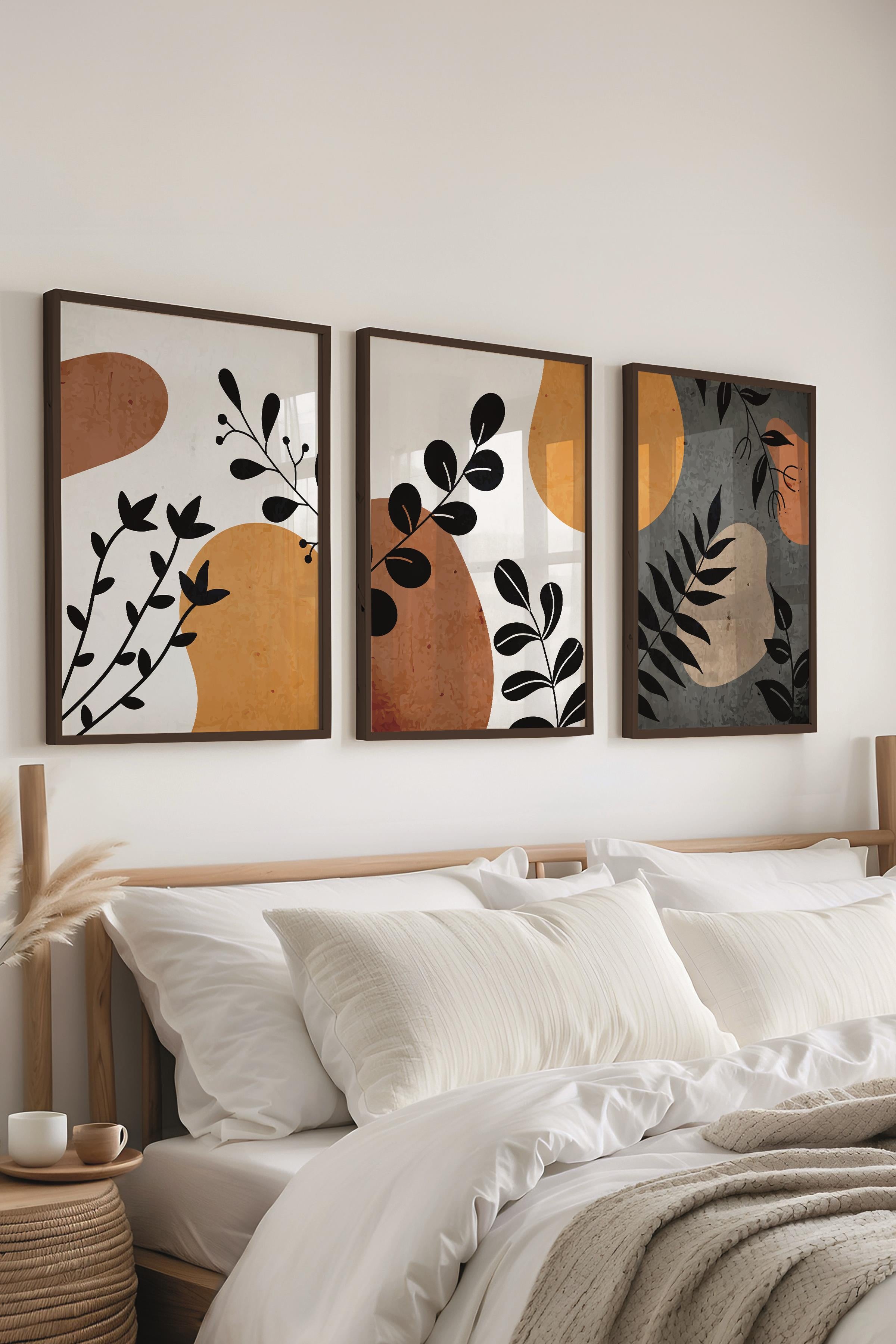 Çerçeveli Tablo Seti, 3 Adet Siyah Çerçeve ve Boho Temalı Poster Seti, Duvar Tablosu No:300636