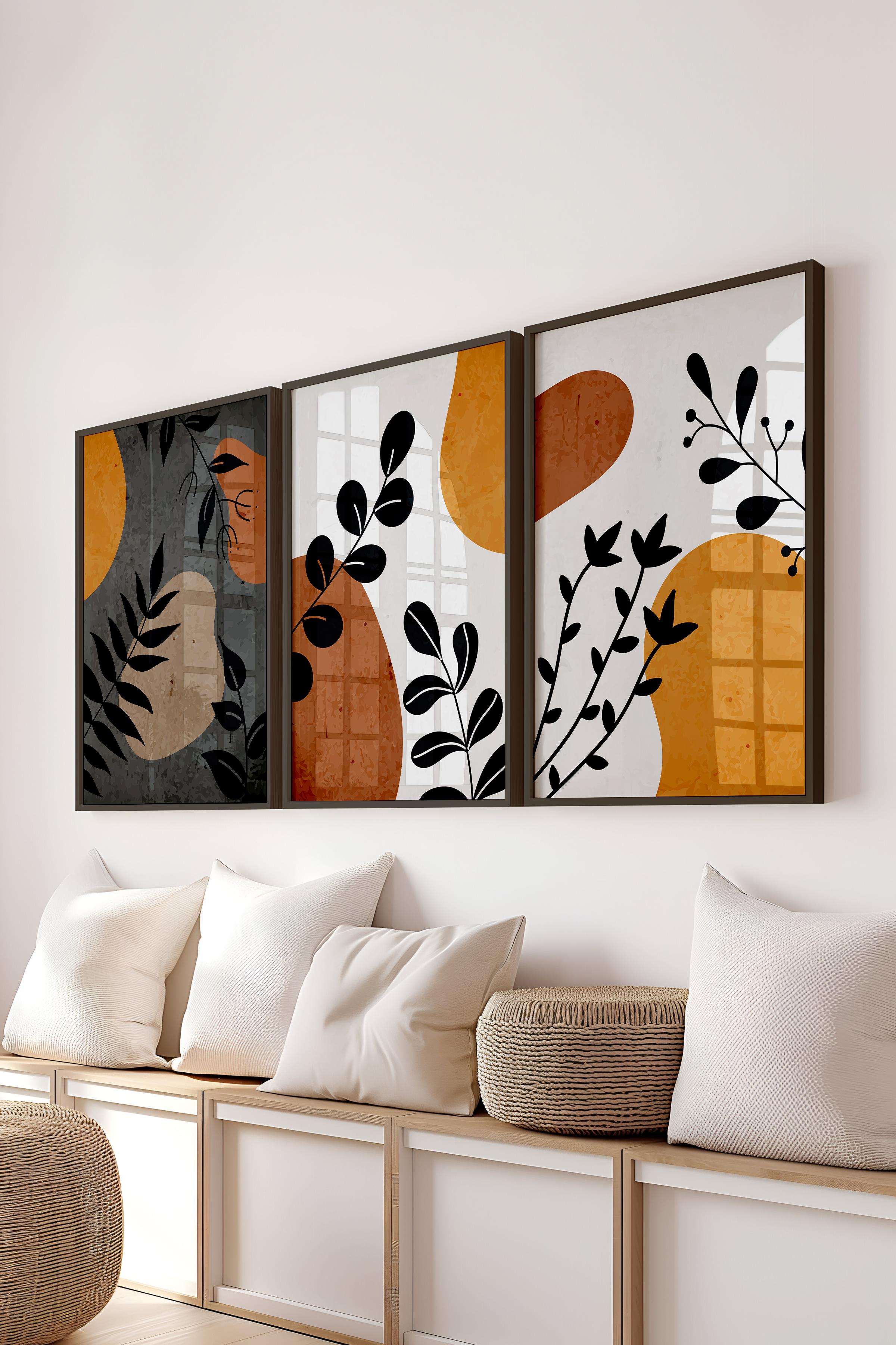 Çerçeveli Tablo Seti, 3 Adet Siyah Çerçeve ve Boho Temalı Poster Seti, Duvar Tablosu No:300636