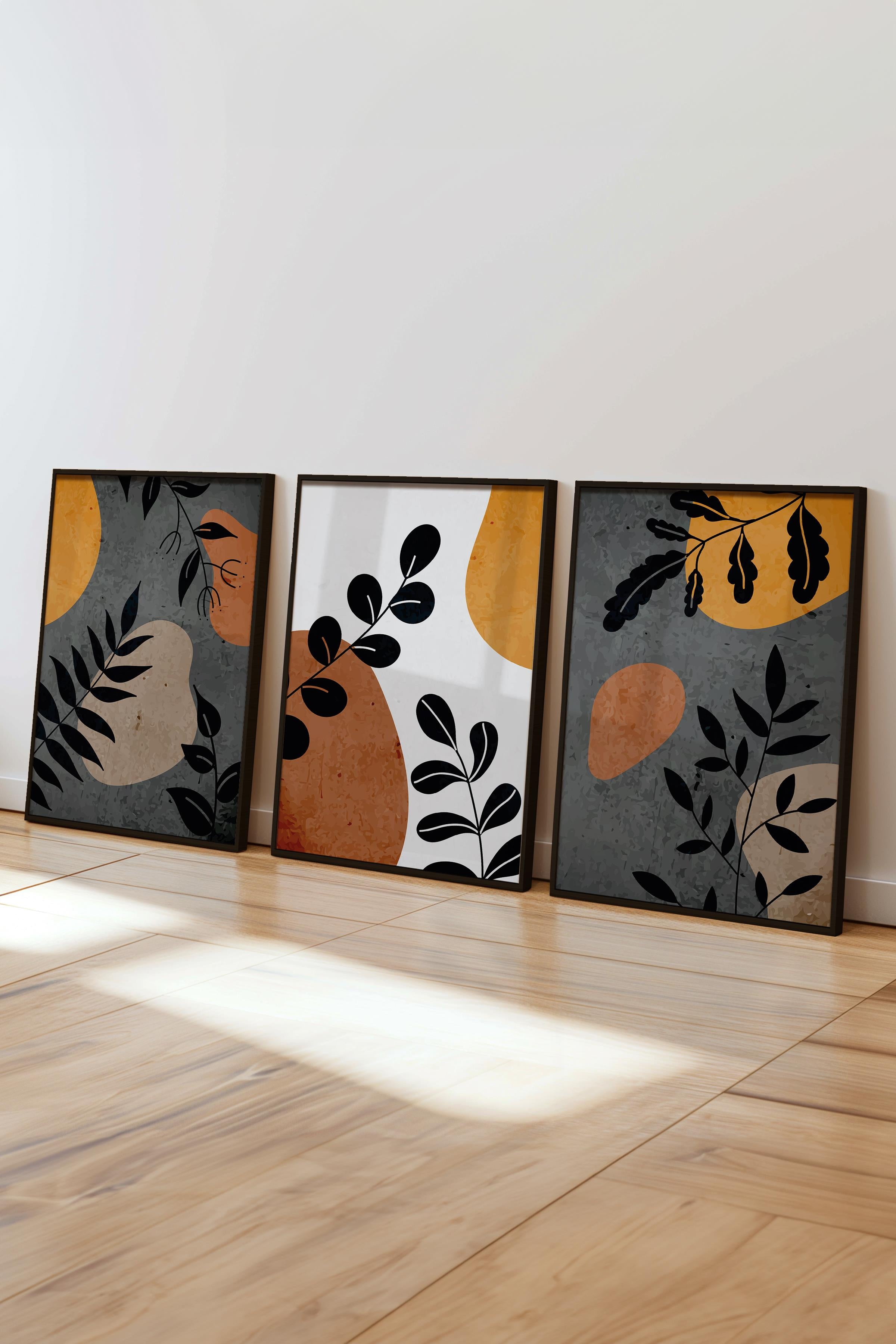 Çerçeveli Tablo Seti, 3 Adet Siyah Çerçeve ve Boho Temalı Poster Seti, Duvar Tablosu No:300637