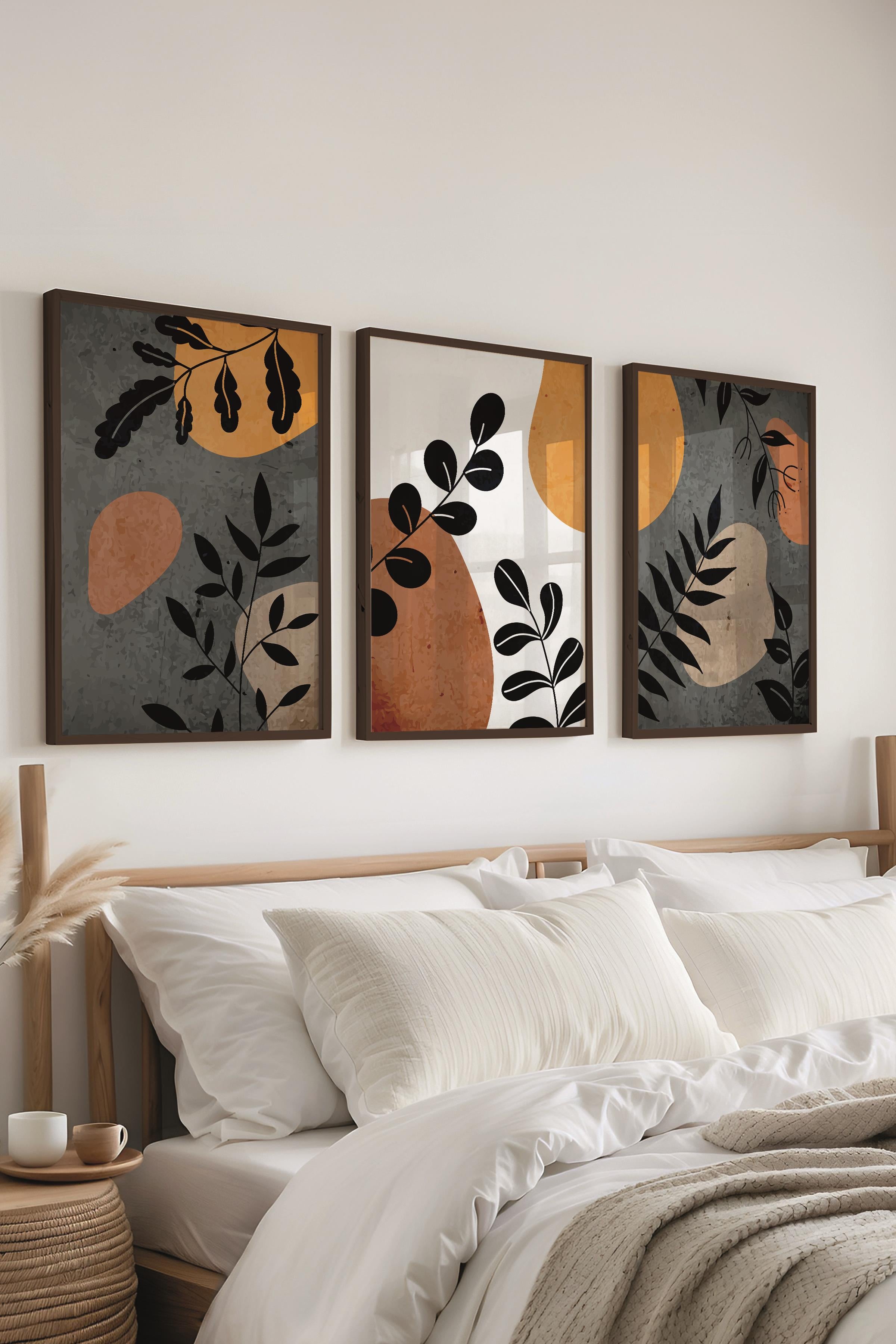 Çerçeveli Tablo Seti, 3 Adet Siyah Çerçeve ve Boho Temalı Poster Seti, Duvar Tablosu No:300637