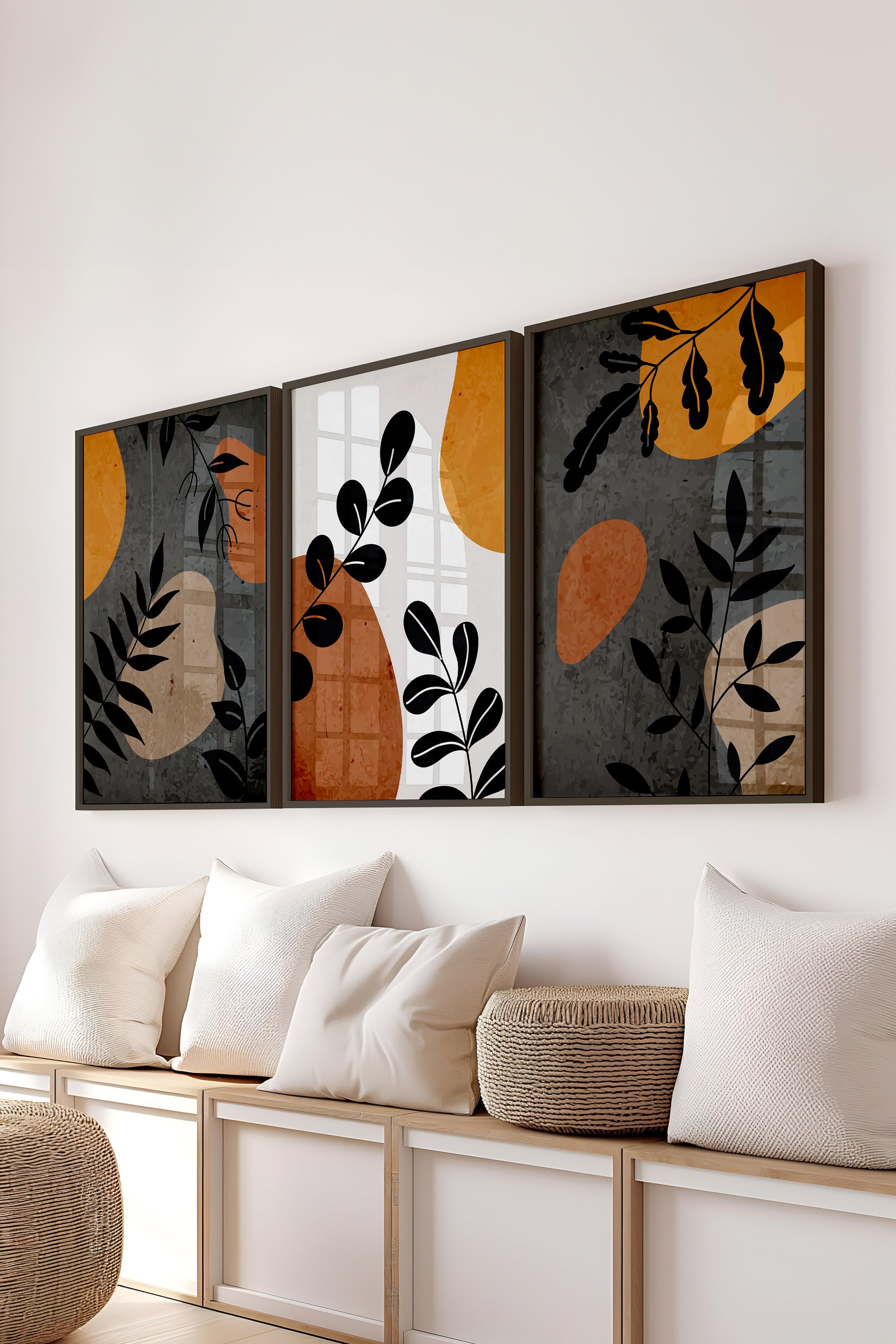 Çerçeveli Tablo Seti, 3 Adet Siyah Çerçeve ve Boho Temalı Poster Seti, Duvar Tablosu No:300637