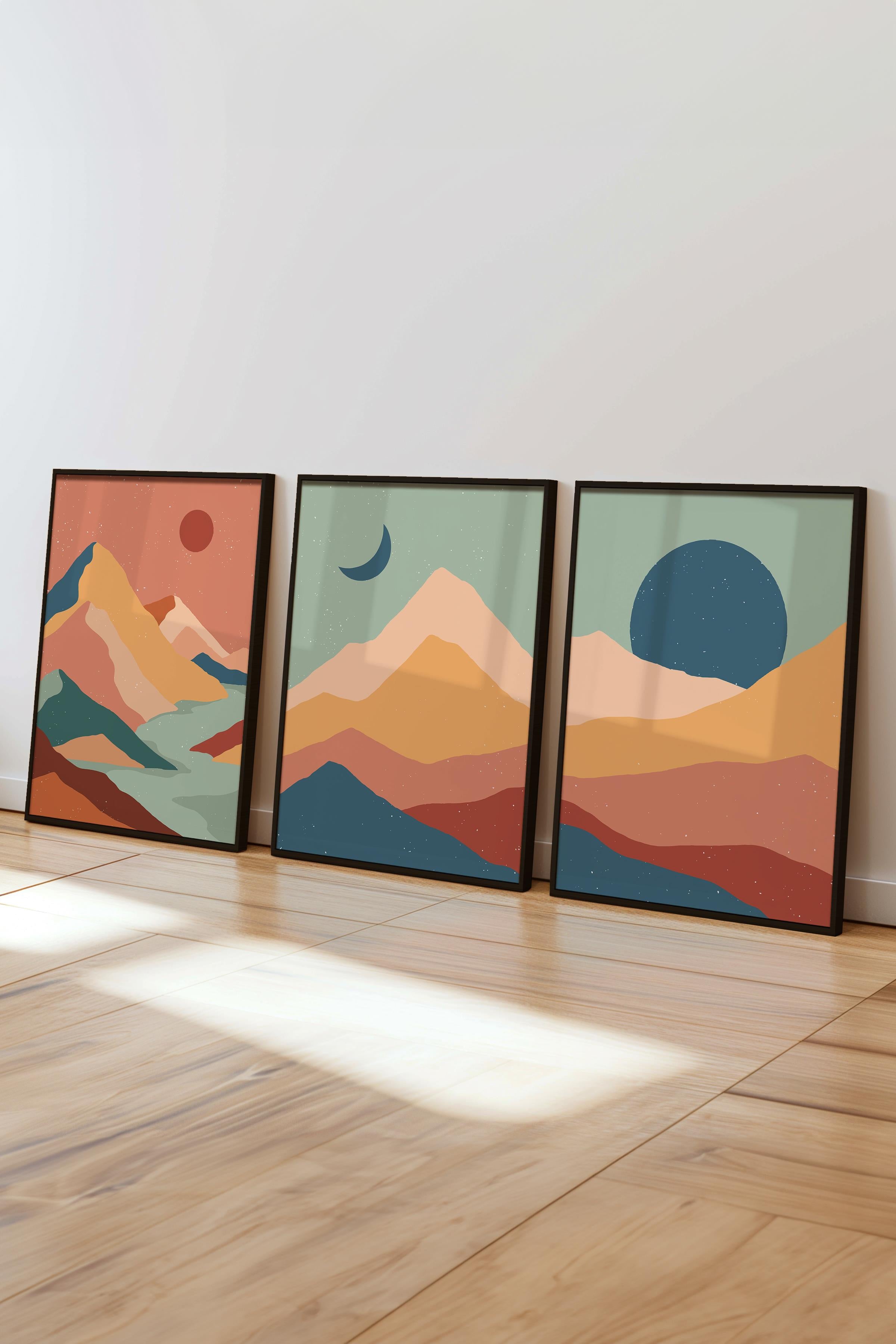 Çerçeveli Tablo Seti, 3 Adet Siyah Çerçeve ve Boho Temalı Poster Seti, Duvar Tablosu No:300638