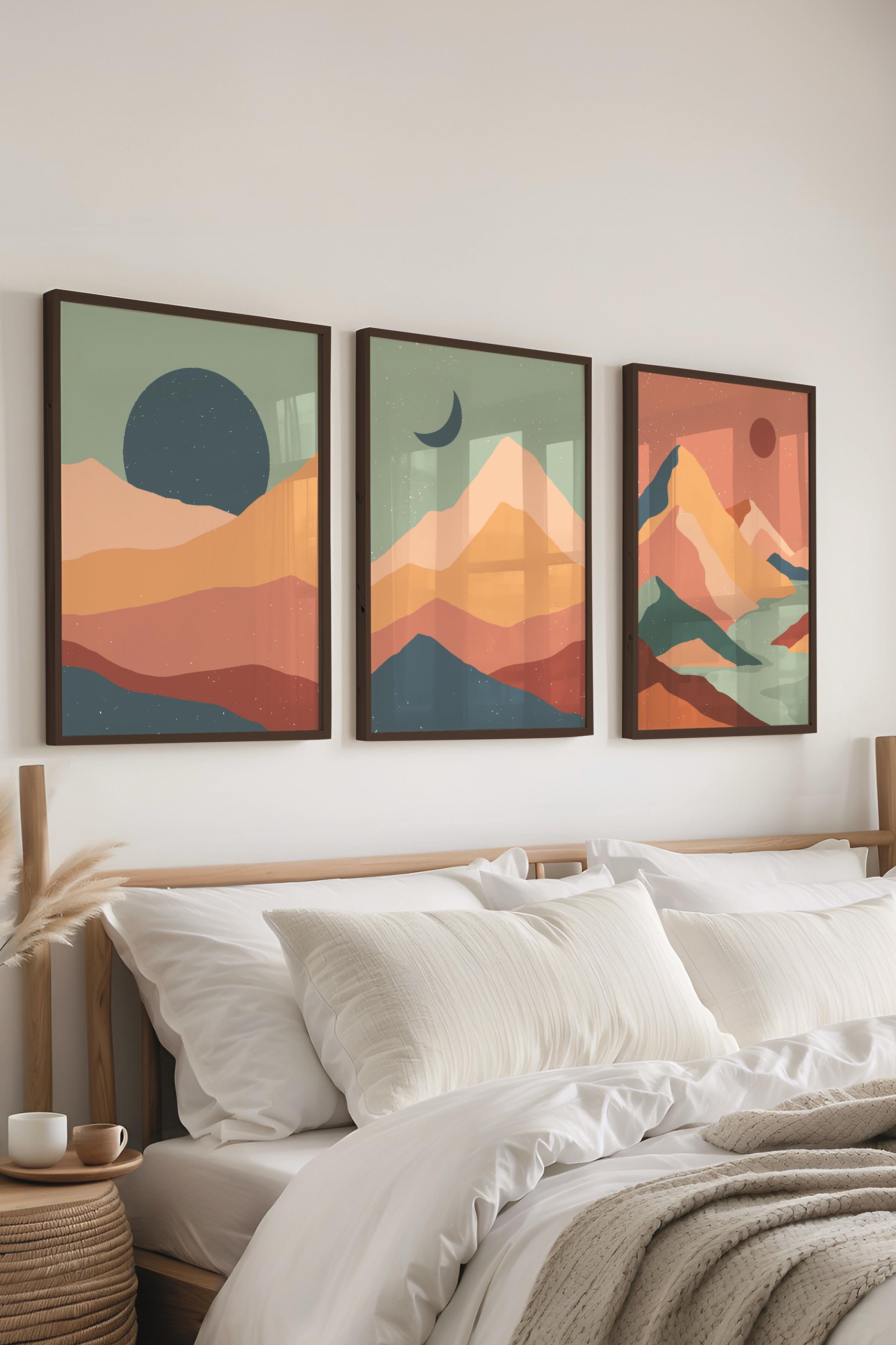 Çerçeveli Tablo Seti, 3 Adet Siyah Çerçeve ve Boho Temalı Poster Seti, Duvar Tablosu No:300638