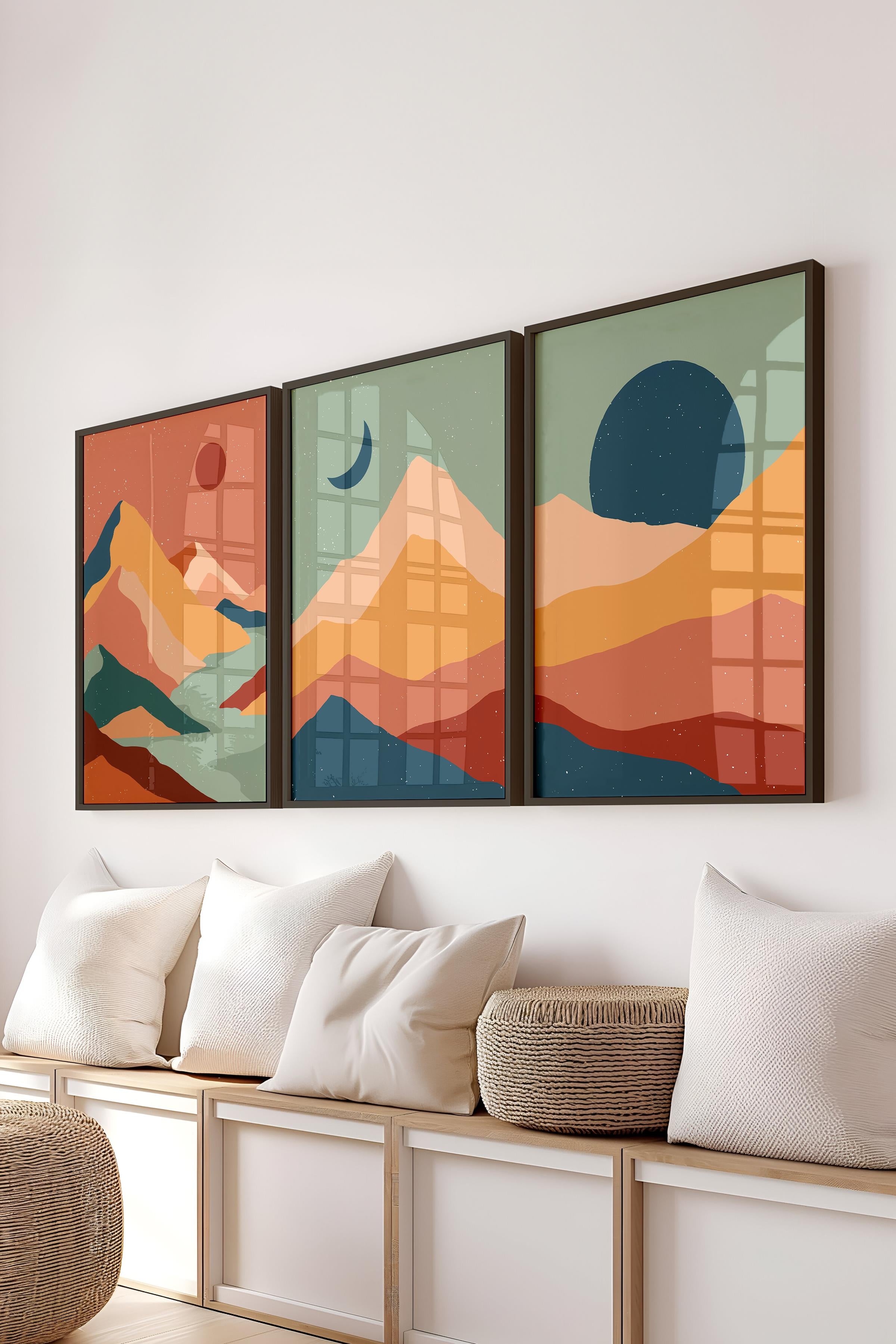 Çerçeveli Tablo Seti, 3 Adet Siyah Çerçeve ve Boho Temalı Poster Seti, Duvar Tablosu No:300638