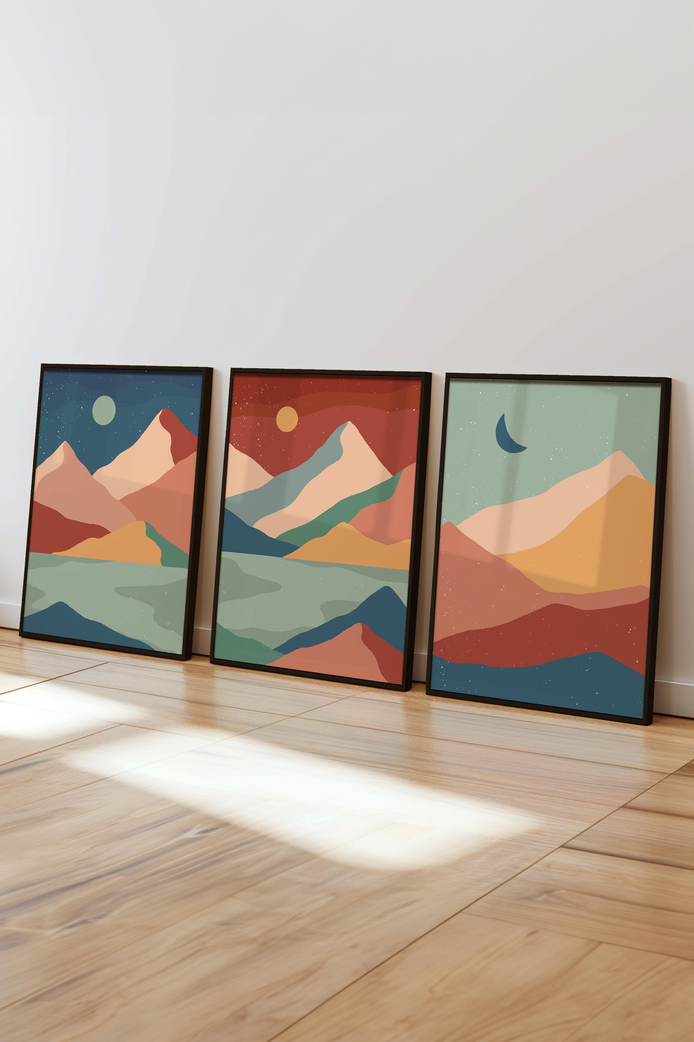 Çerçeveli Tablo Seti, 3 Adet Siyah Çerçeve ve Boho Temalı Poster Seti, Duvar Tablosu No:300639