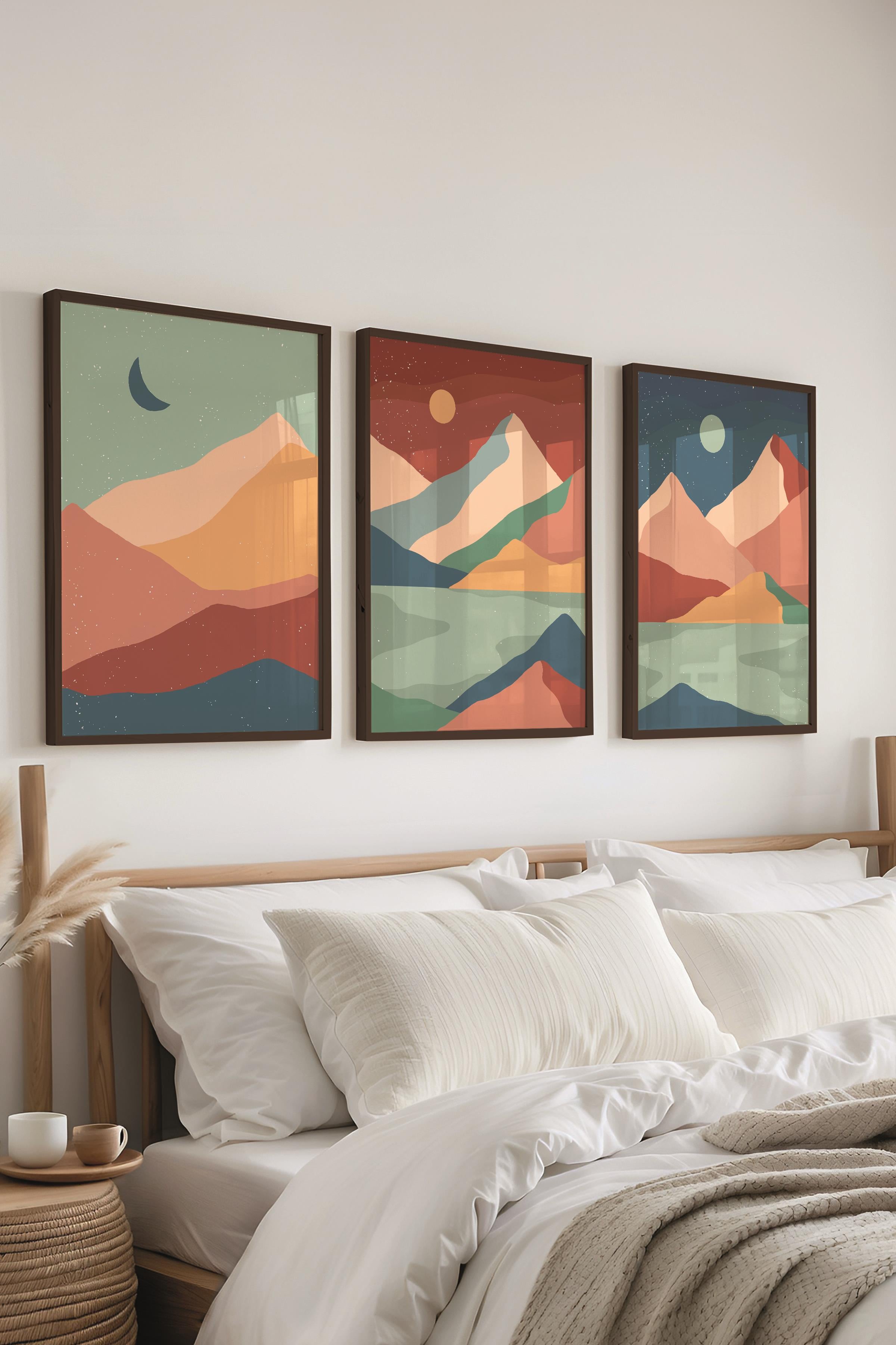 Çerçeveli Tablo Seti, 3 Adet Siyah Çerçeve ve Boho Temalı Poster Seti, Duvar Tablosu No:300639