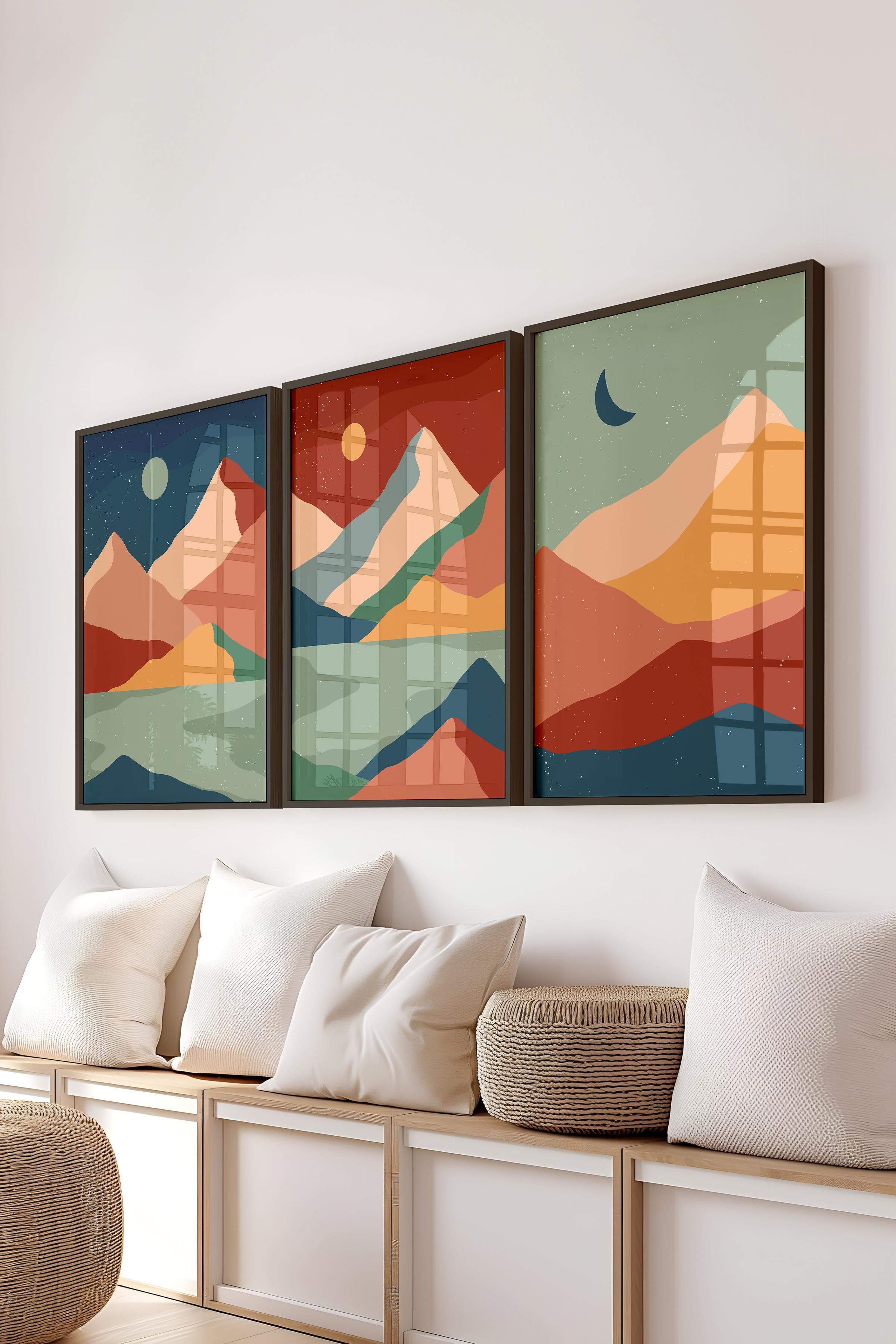 Çerçeveli Tablo Seti, 3 Adet Siyah Çerçeve ve Boho Temalı Poster Seti, Duvar Tablosu No:300639