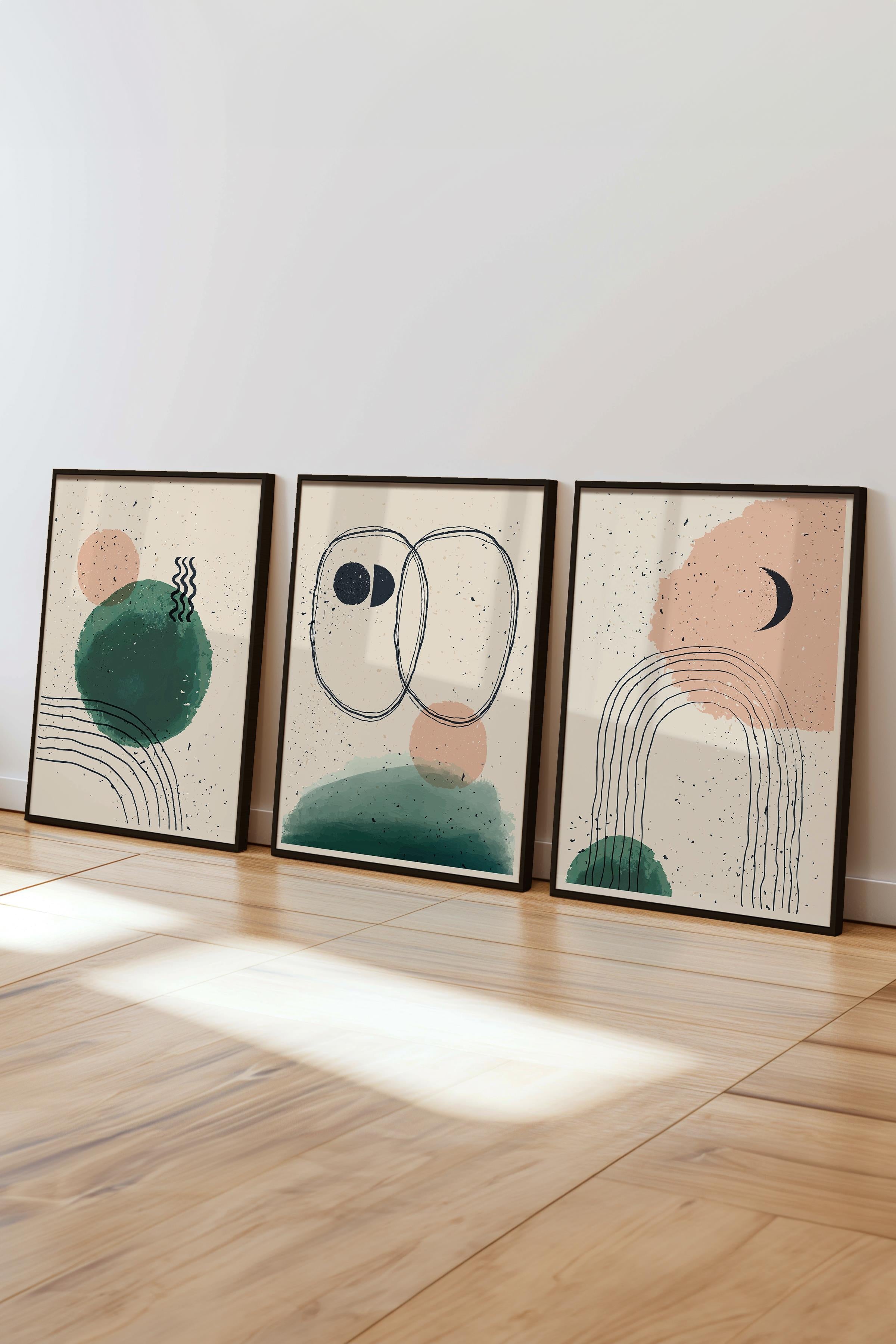 Çerçeveli Tablo Seti, 3 Adet Siyah Çerçeve ve Geometrik Boho Temalı Poster Seti, No:300671