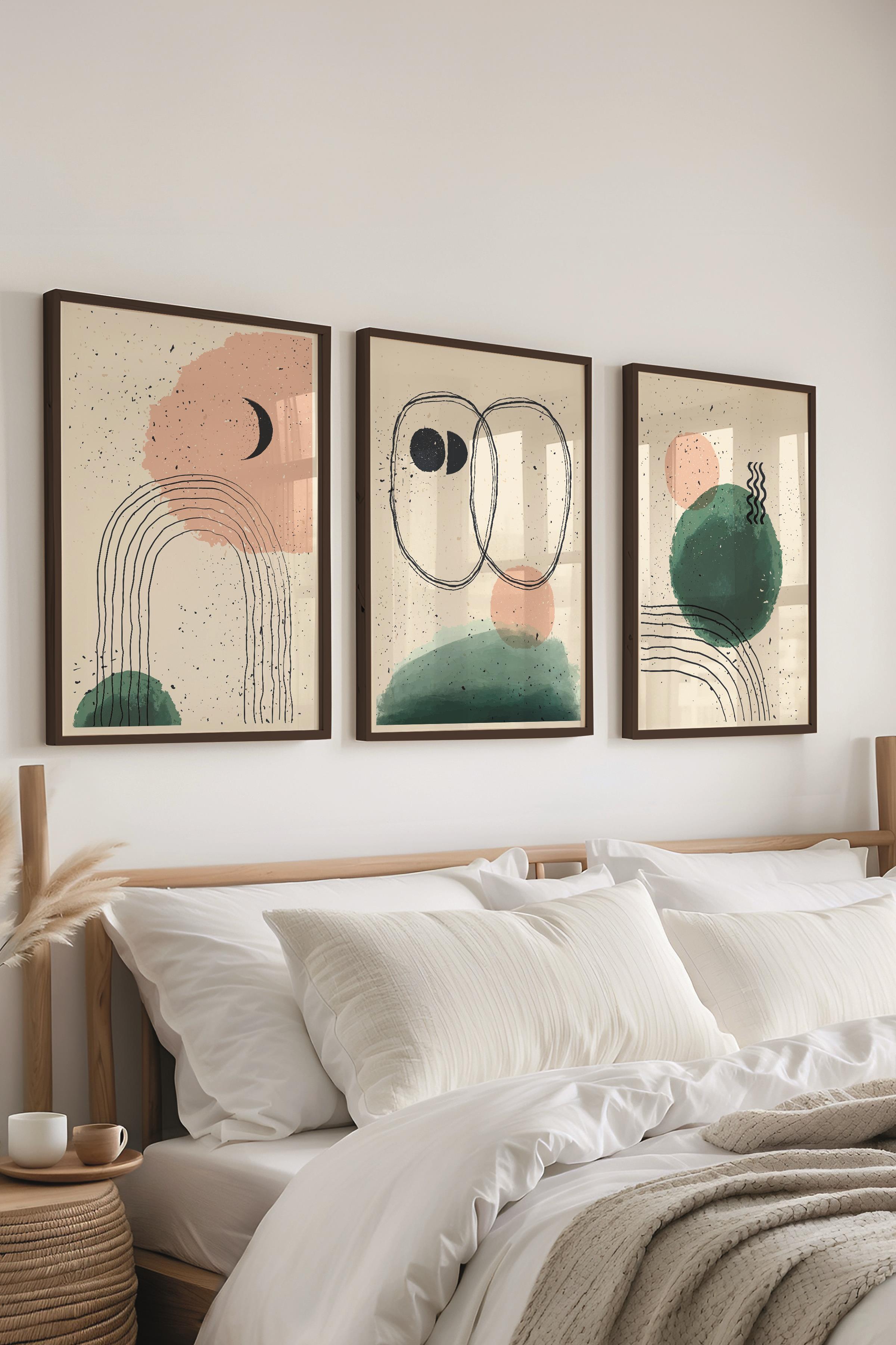 Çerçeveli Tablo Seti, 3 Adet Siyah Çerçeve ve Geometrik Boho Temalı Poster Seti, No:300671