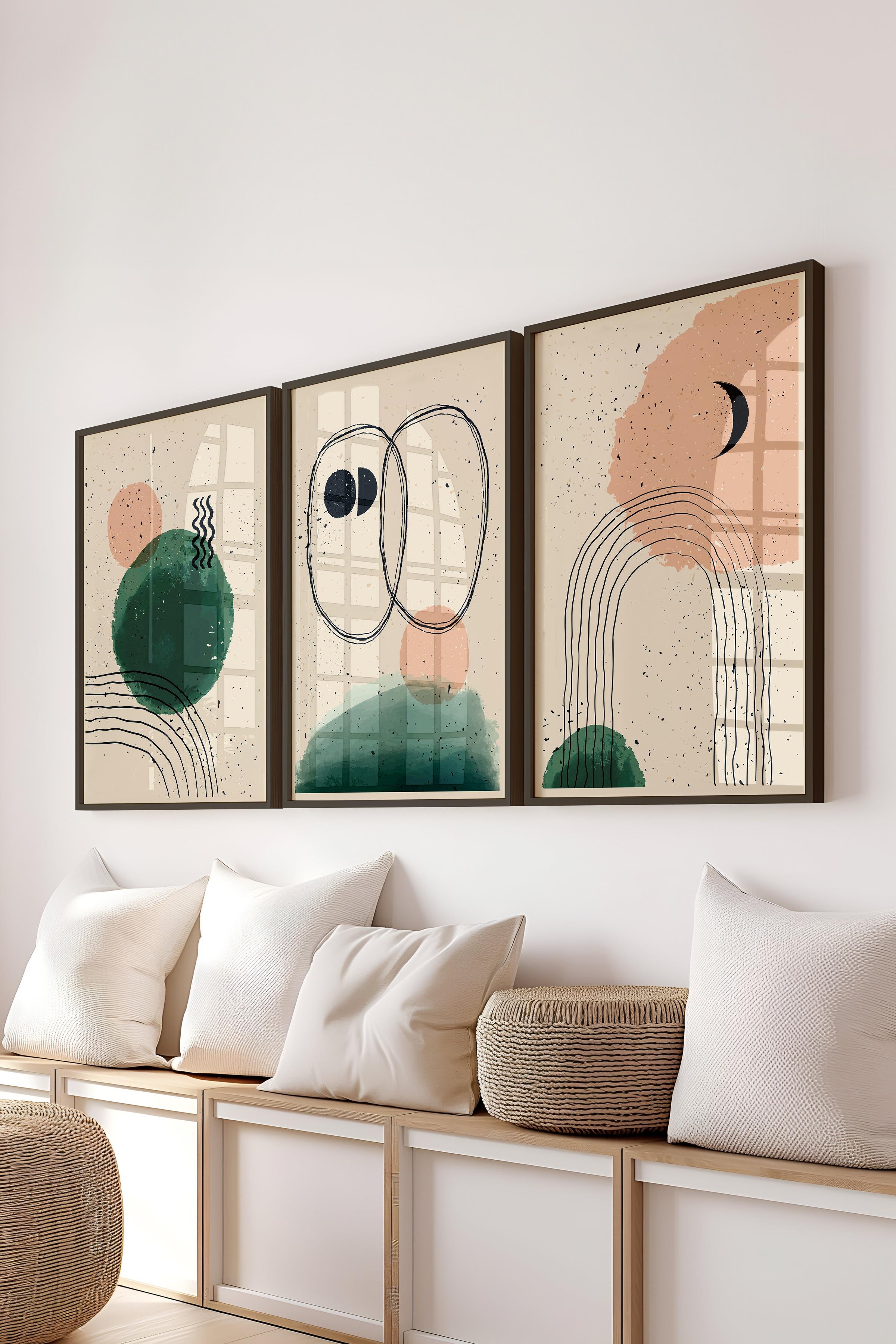 Çerçeveli Tablo Seti, 3 Adet Siyah Çerçeve ve Geometrik Boho Temalı Poster Seti, No:300671