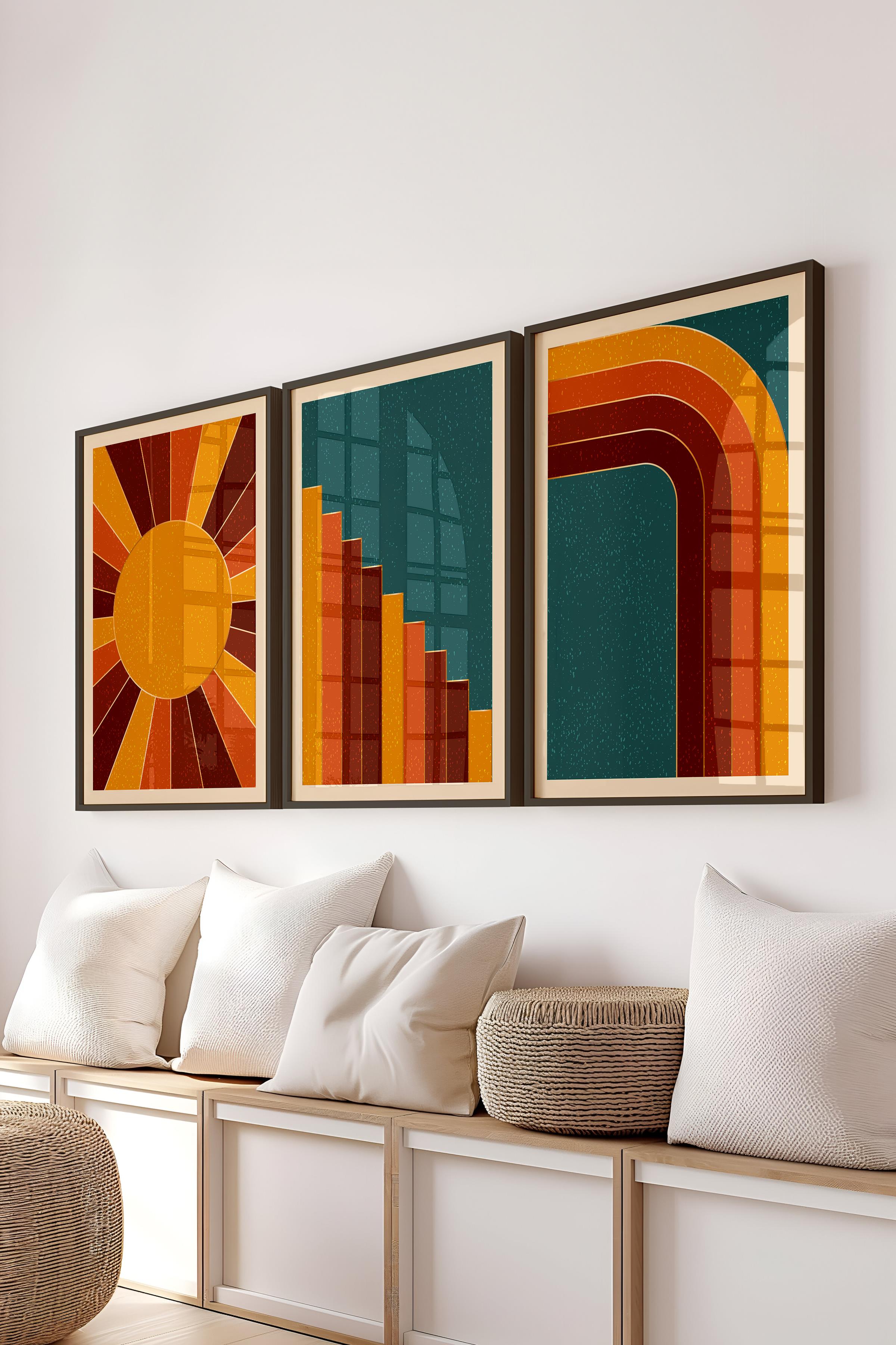 Çerçeveli Tablo Seti, 3 Adet Siyah Çerçeve ve Geometrik Temalı Poster Seti, Duvar Tablosu No:300642