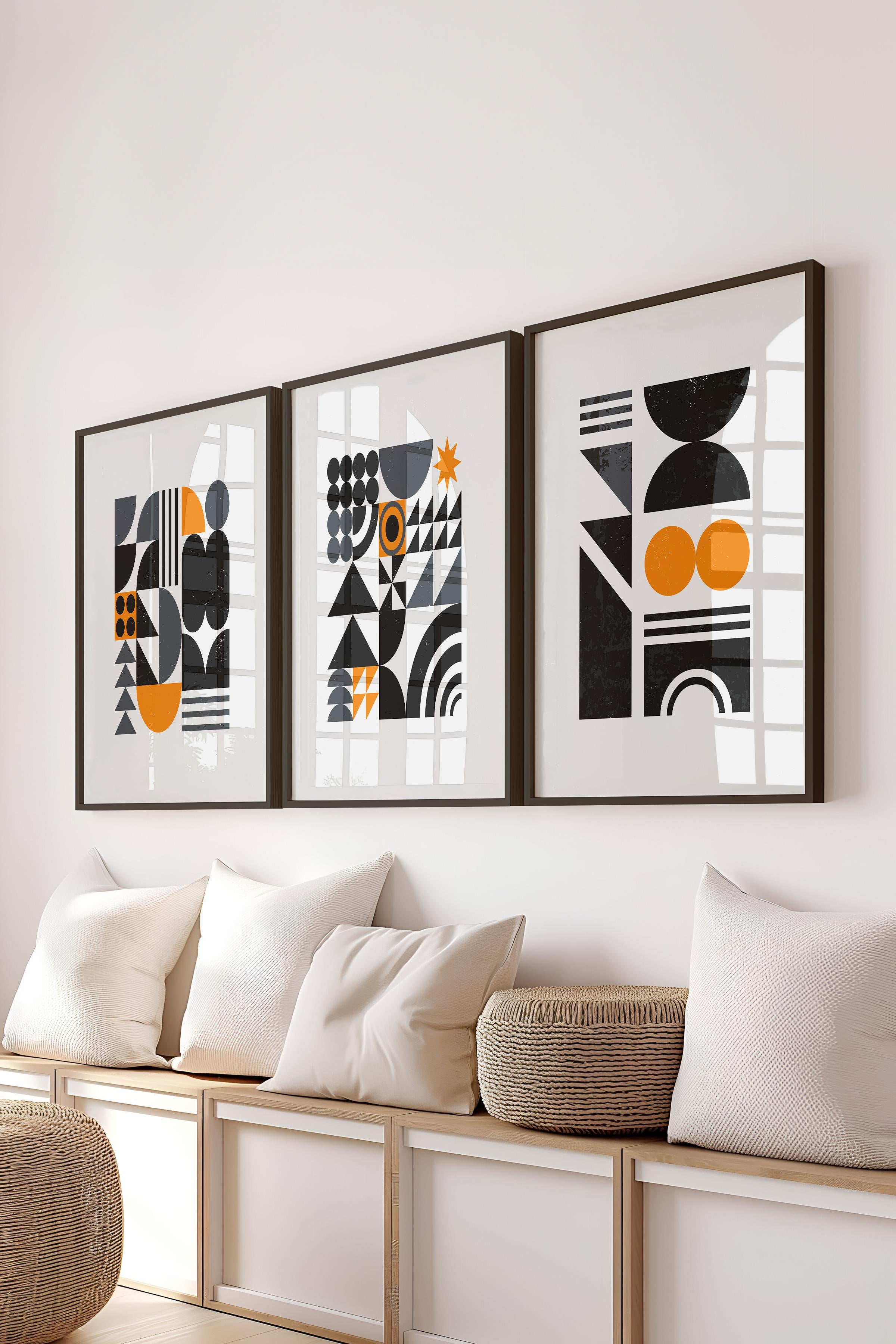 Çerçeveli Tablo Seti, 3 Adet Siyah Çerçeve ve Geometrik Temalı Poster Seti, Duvar Tablosu No:300643