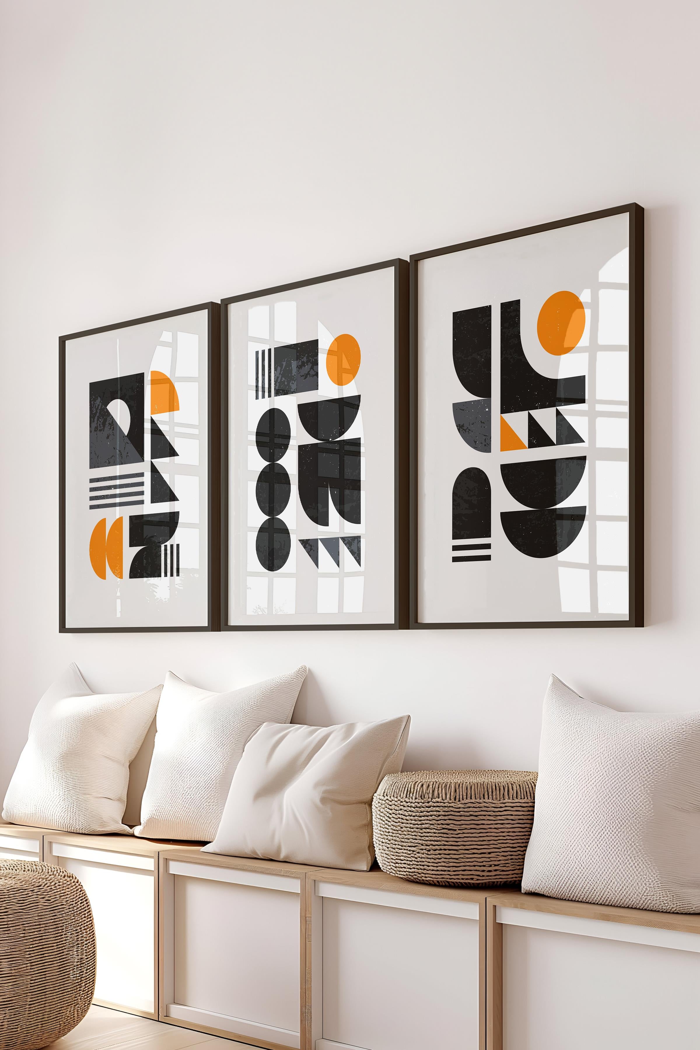 Çerçeveli Tablo Seti, 3 Adet Siyah Çerçeve ve Geometrik Temalı Poster Seti, Duvar Tablosu No:300644