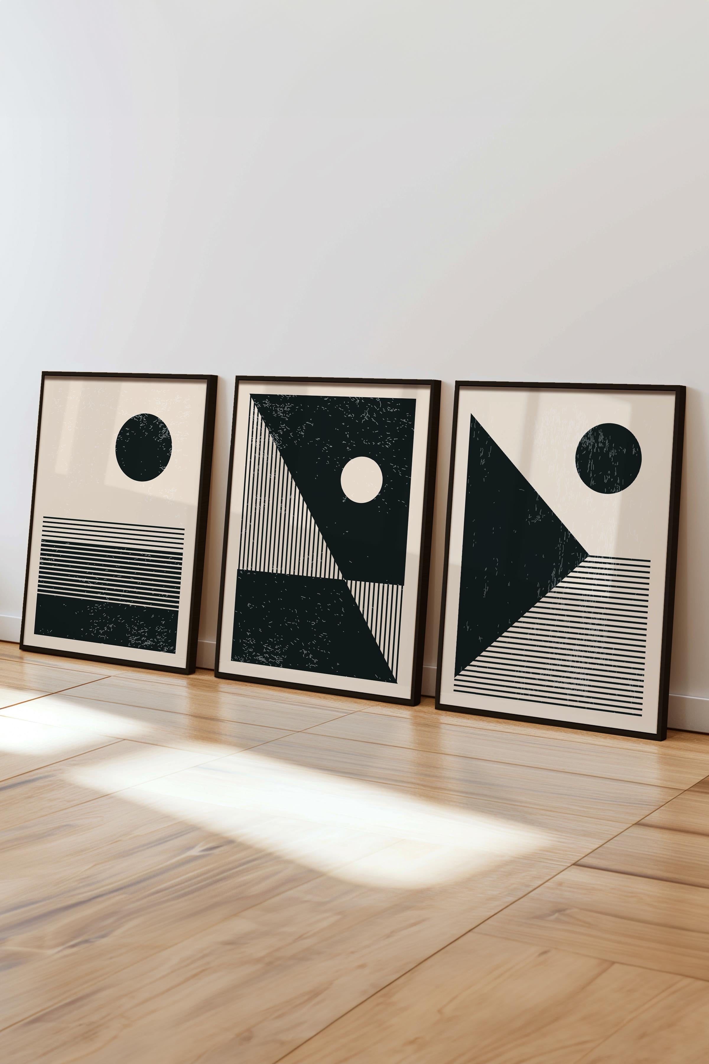 Çerçeveli Tablo Seti, 3 Adet Siyah Çerçeve ve Geometrik Temalı Poster Seti, Duvar Tablosu No:300650