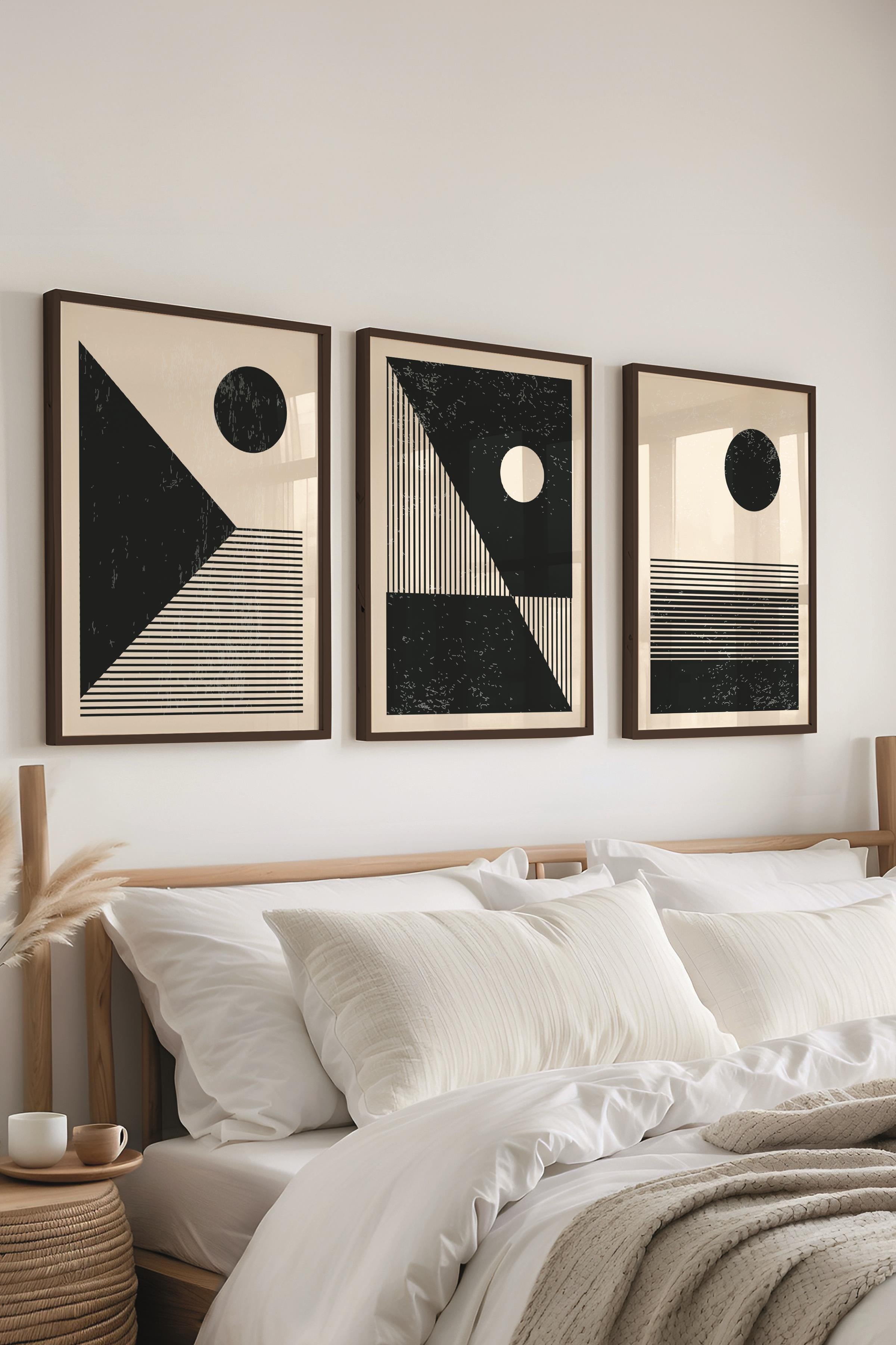 Çerçeveli Tablo Seti, 3 Adet Siyah Çerçeve ve Geometrik Temalı Poster Seti, Duvar Tablosu No:300650