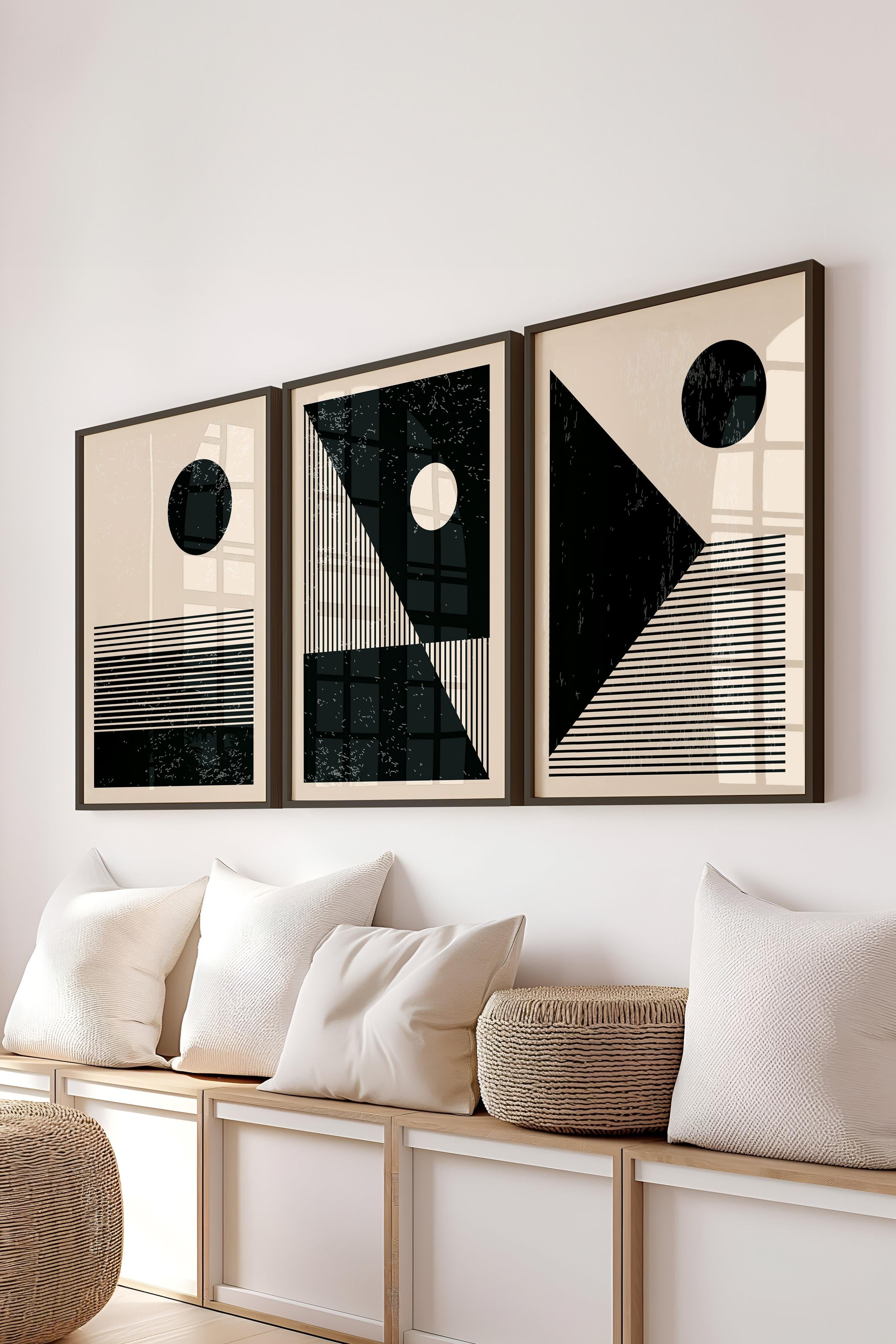 Çerçeveli Tablo Seti, 3 Adet Siyah Çerçeve ve Geometrik Temalı Poster Seti, Duvar Tablosu No:300650