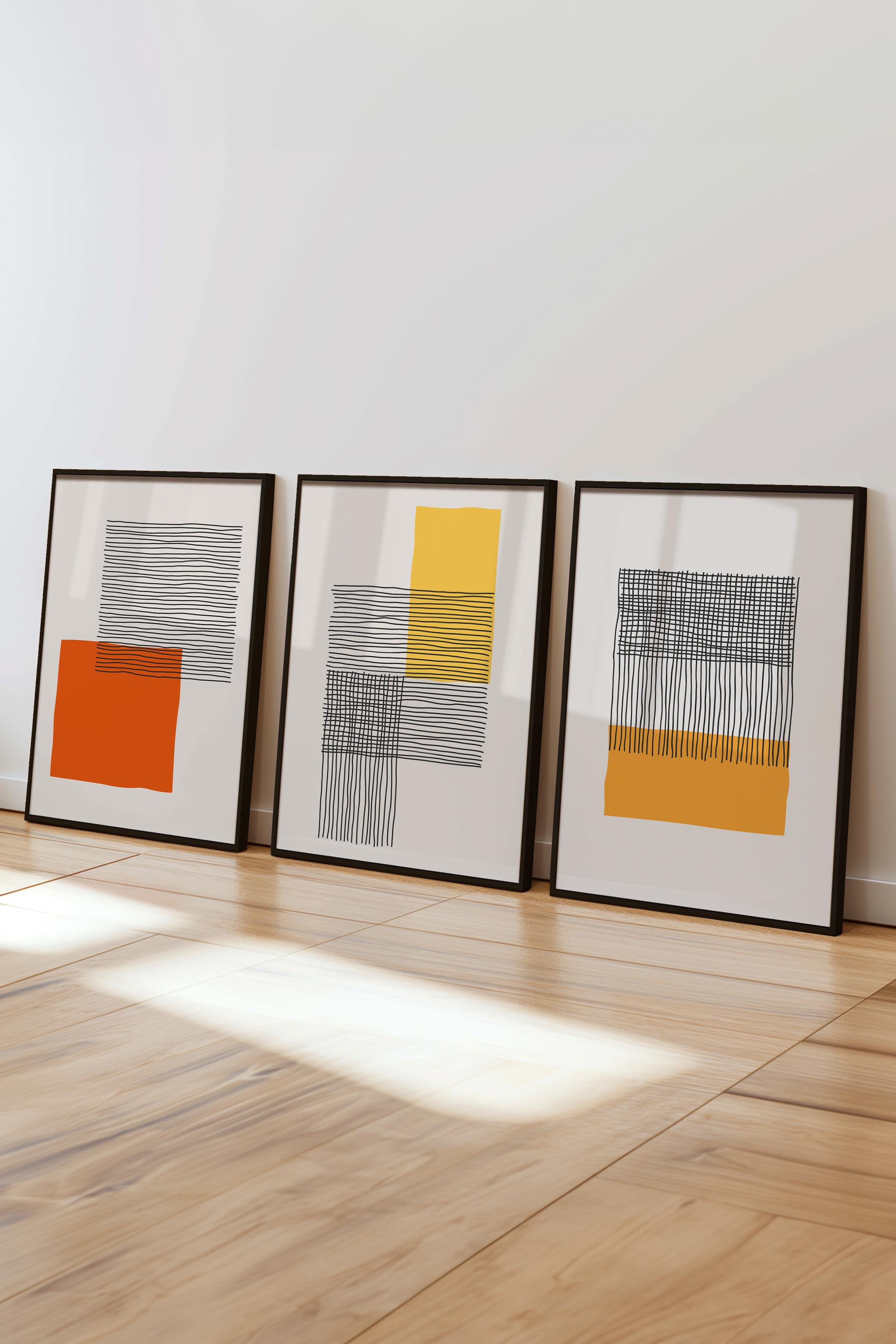 Çerçeveli Tablo Seti, 3 Adet Siyah Çerçeve ve Geometrik Temalı Poster Seti, Duvar Tablosu No:300651