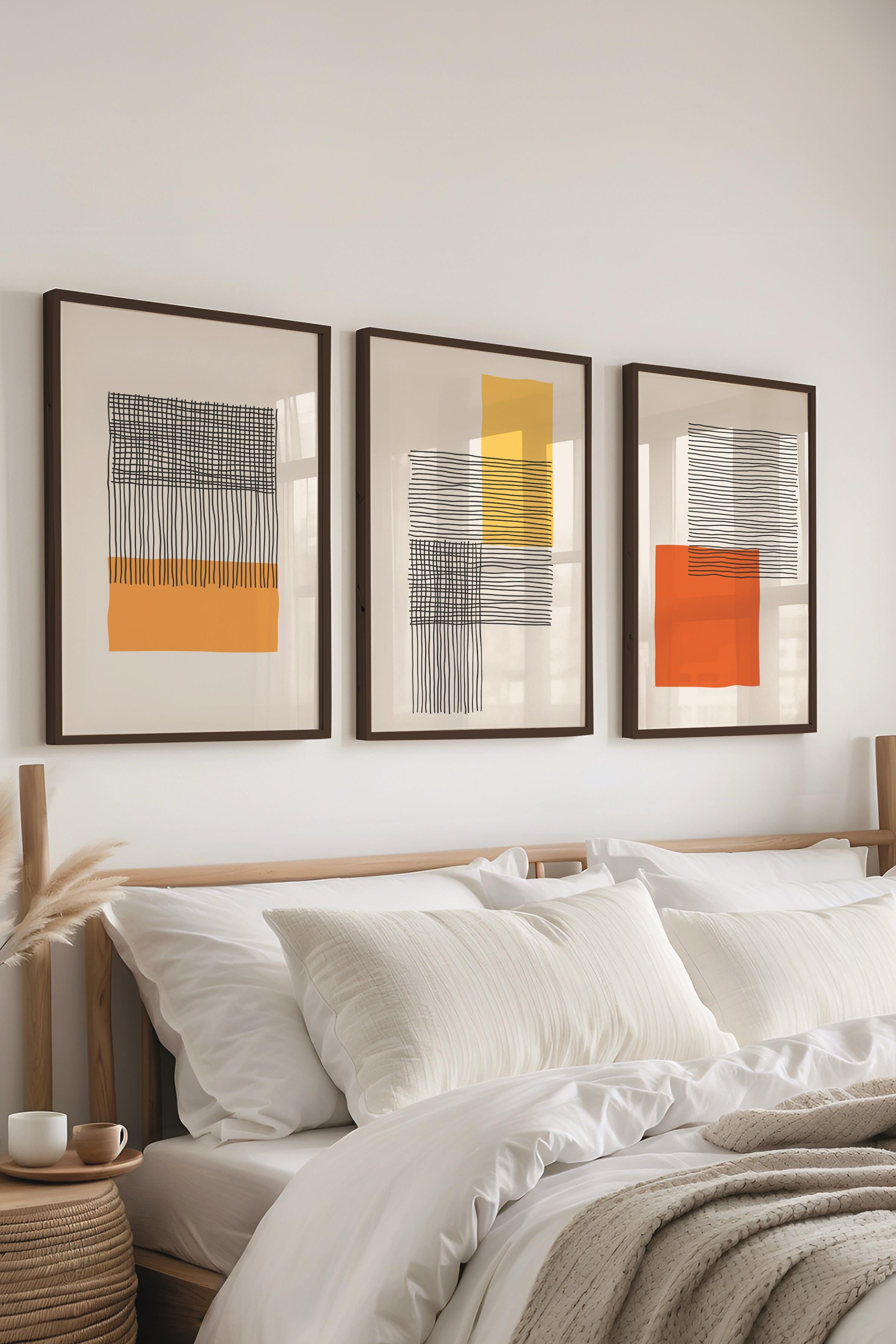 Çerçeveli Tablo Seti, 3 Adet Siyah Çerçeve ve Geometrik Temalı Poster Seti, Duvar Tablosu No:300651