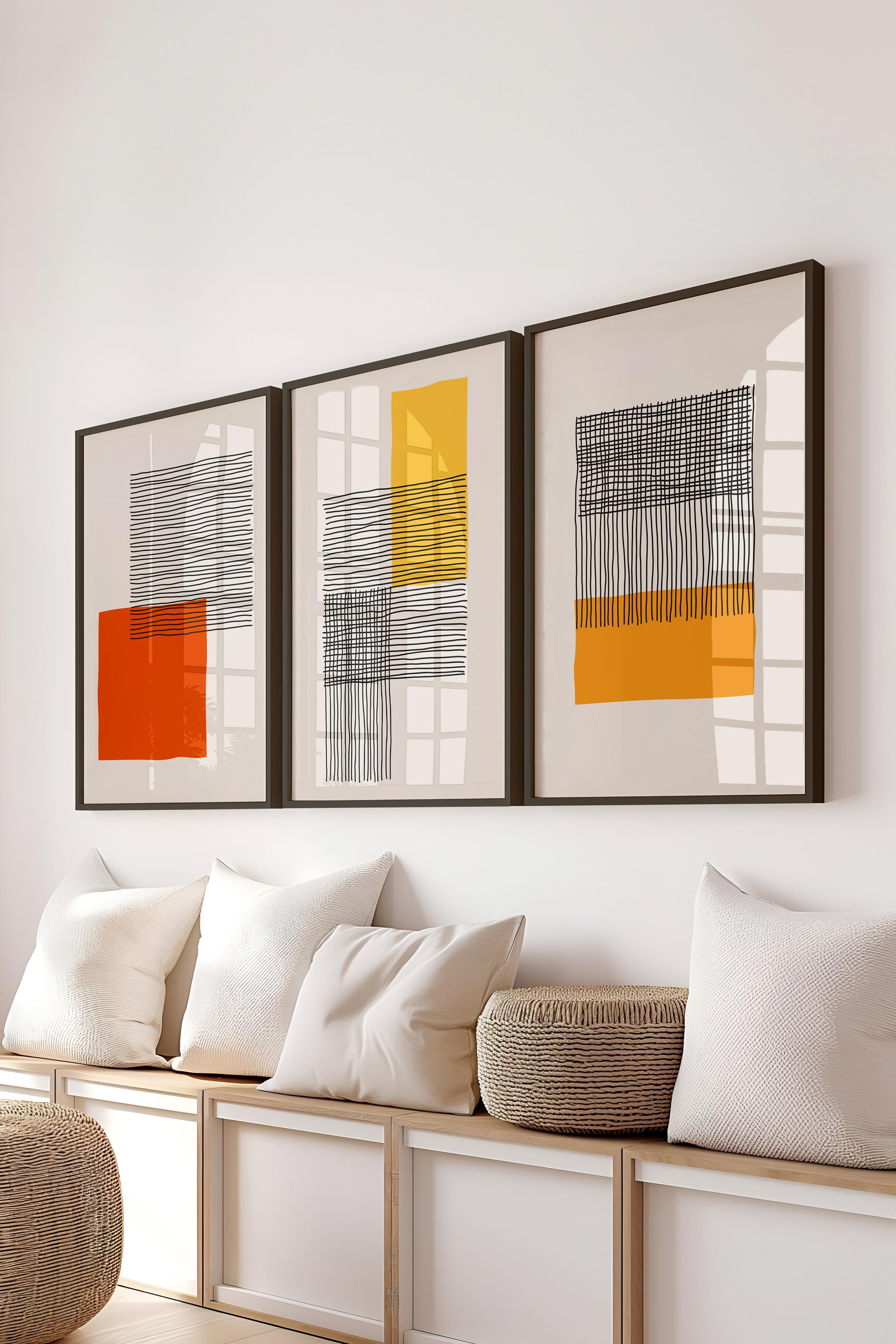 Çerçeveli Tablo Seti, 3 Adet Siyah Çerçeve ve Geometrik Temalı Poster Seti, Duvar Tablosu No:300651