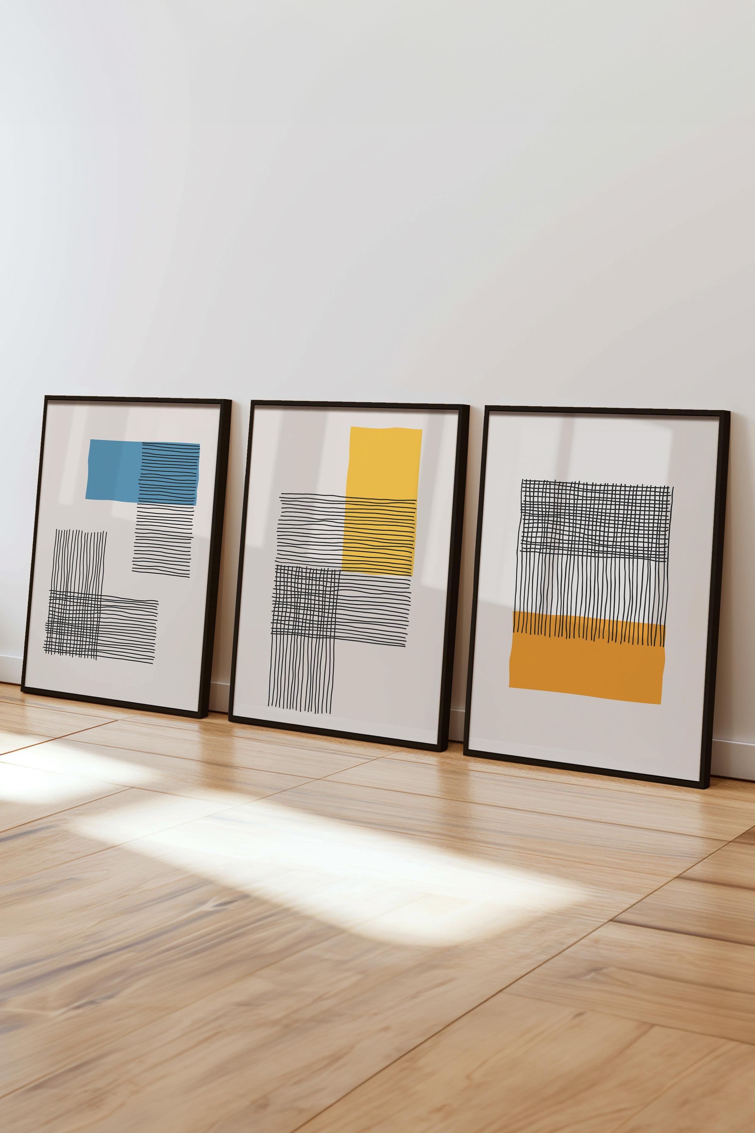 Çerçeveli Tablo Seti, 3 Adet Siyah Çerçeve ve Geometrik Temalı Poster Seti, Duvar Tablosu No:300652