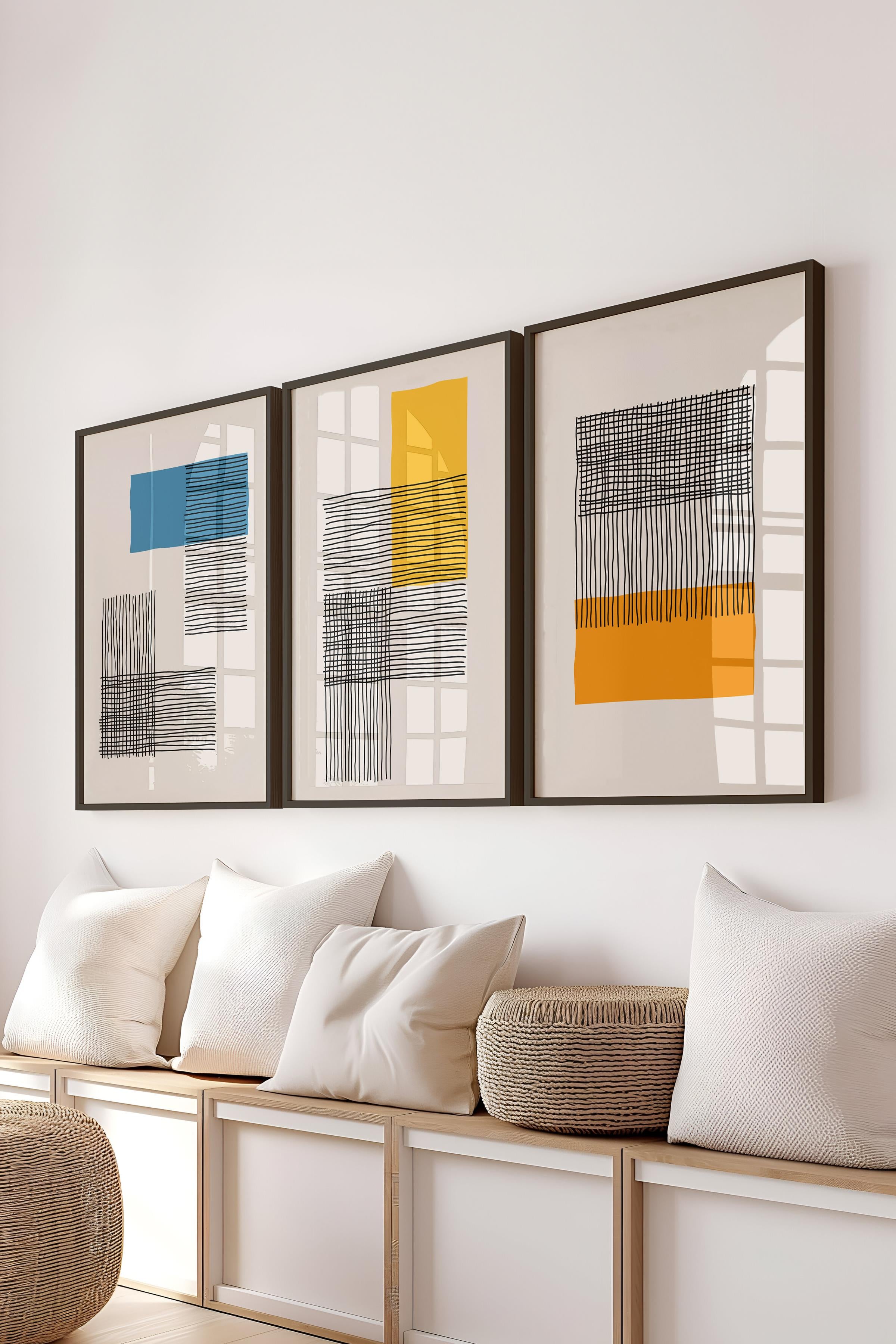 Çerçeveli Tablo Seti, 3 Adet Siyah Çerçeve ve Geometrik Temalı Poster Seti, Duvar Tablosu No:300652