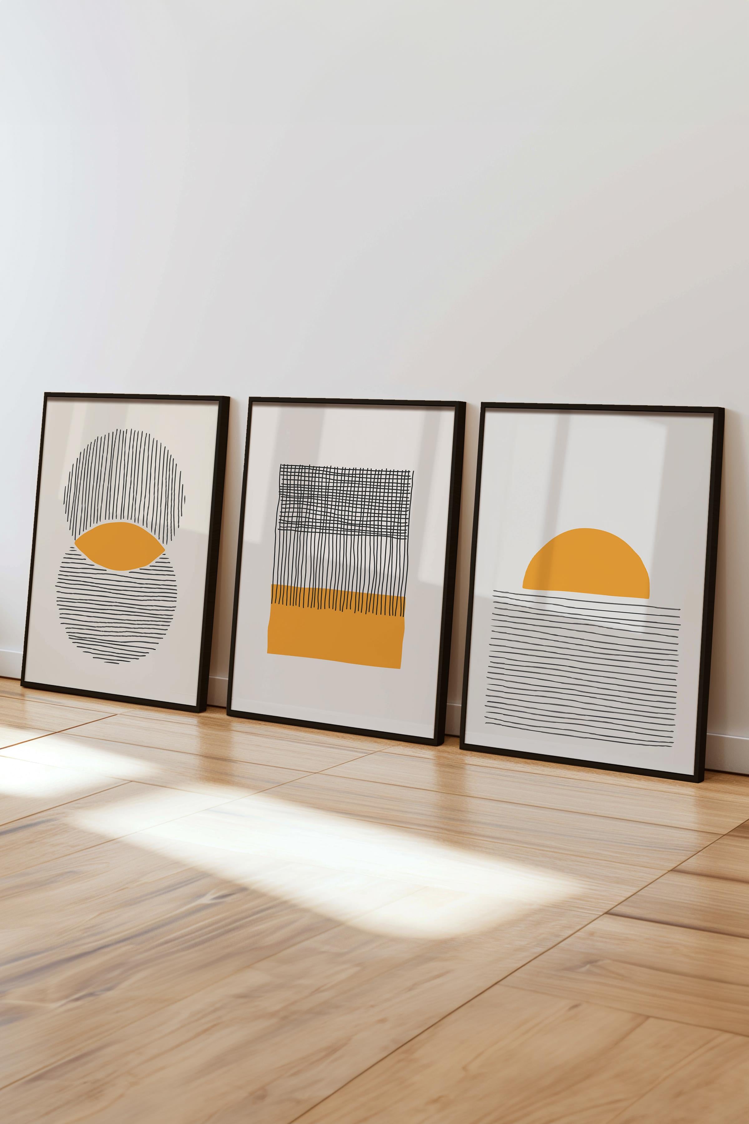 Çerçeveli Tablo Seti, 3 Adet Siyah Çerçeve ve Geometrik Temalı Poster Seti, Duvar Tablosu No:300654