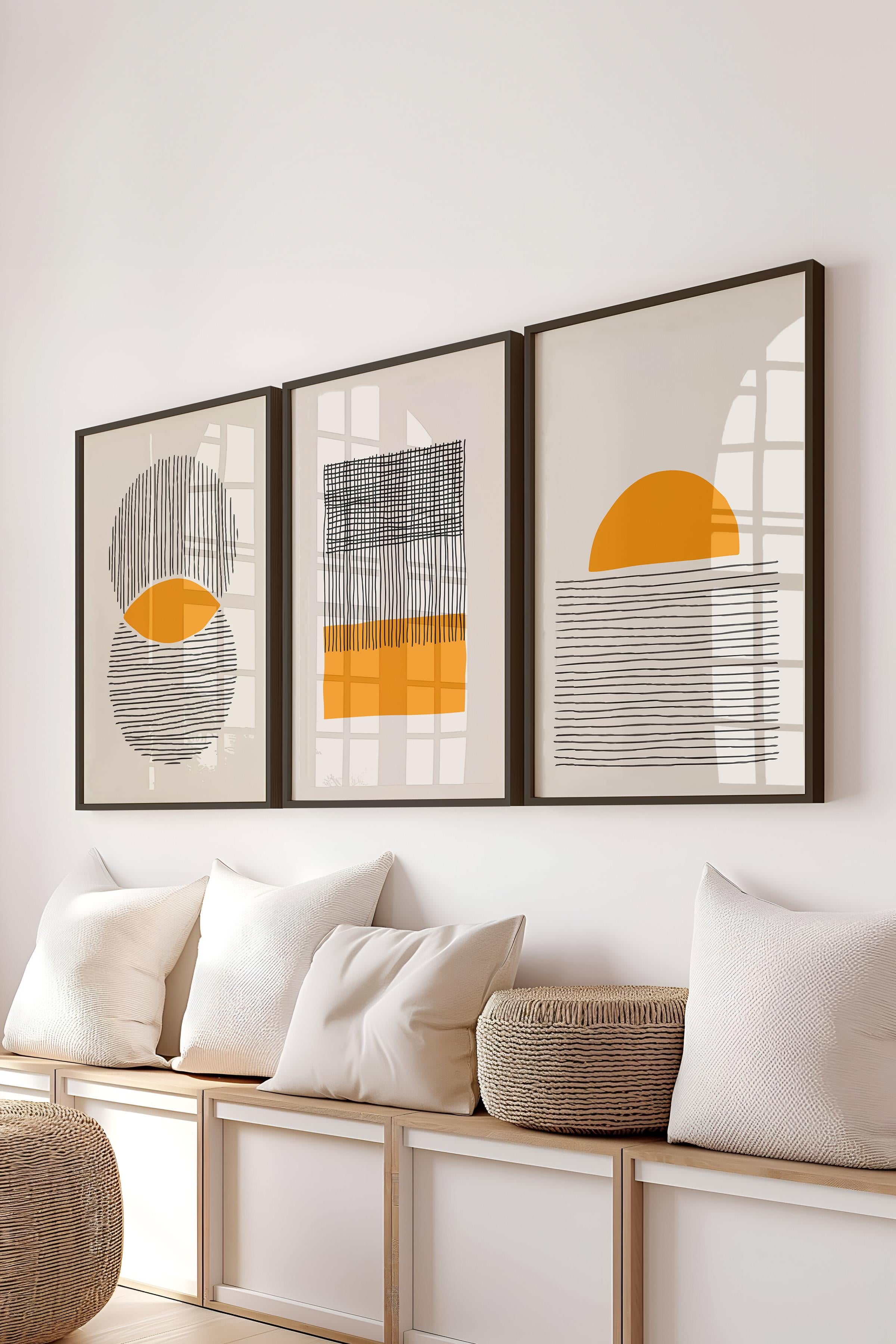 Çerçeveli Tablo Seti, 3 Adet Siyah Çerçeve ve Geometrik Temalı Poster Seti, Duvar Tablosu No:300654