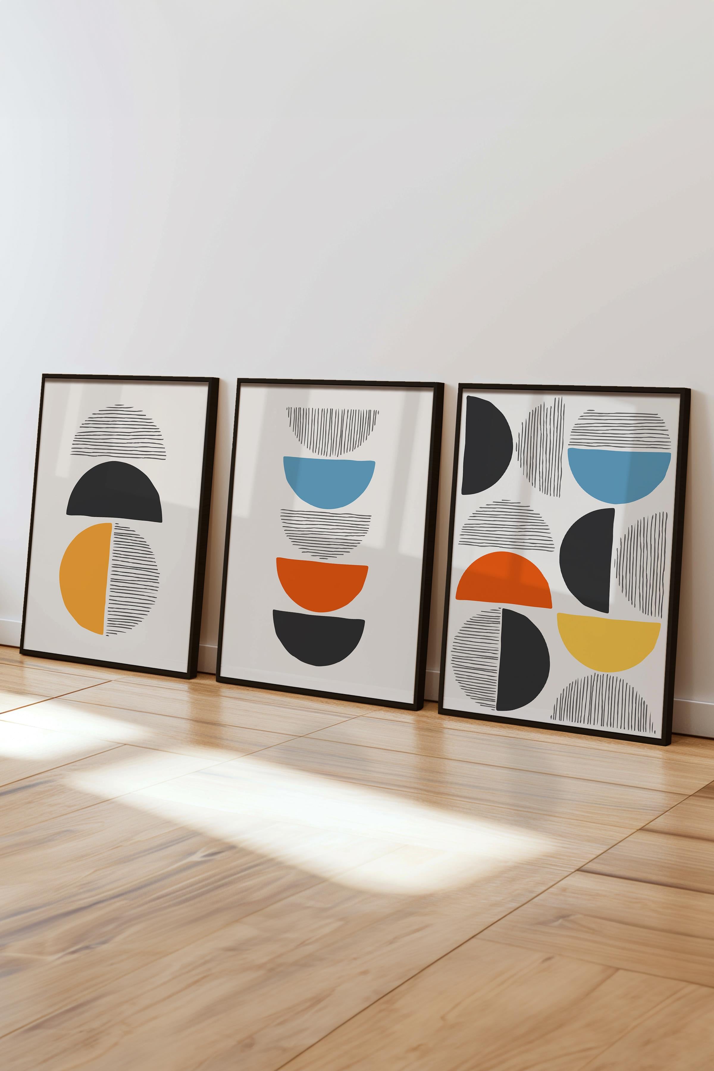 Çerçeveli Tablo Seti, 3 Adet Siyah Çerçeve ve Geometrik Temalı Poster Seti, Duvar Tablosu No:300655