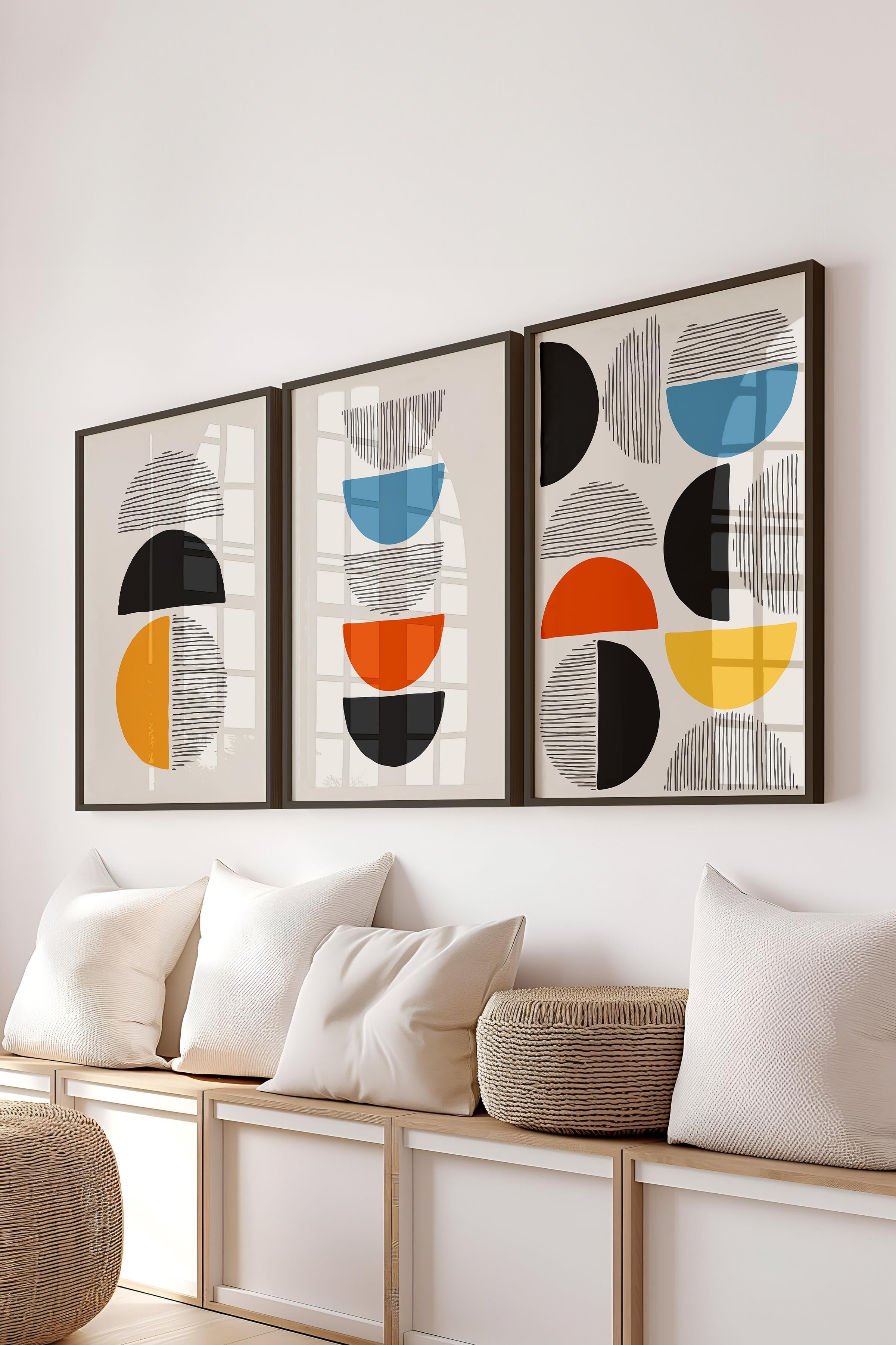 Çerçeveli Tablo Seti, 3 Adet Siyah Çerçeve ve Geometrik Temalı Poster Seti, Duvar Tablosu No:300655