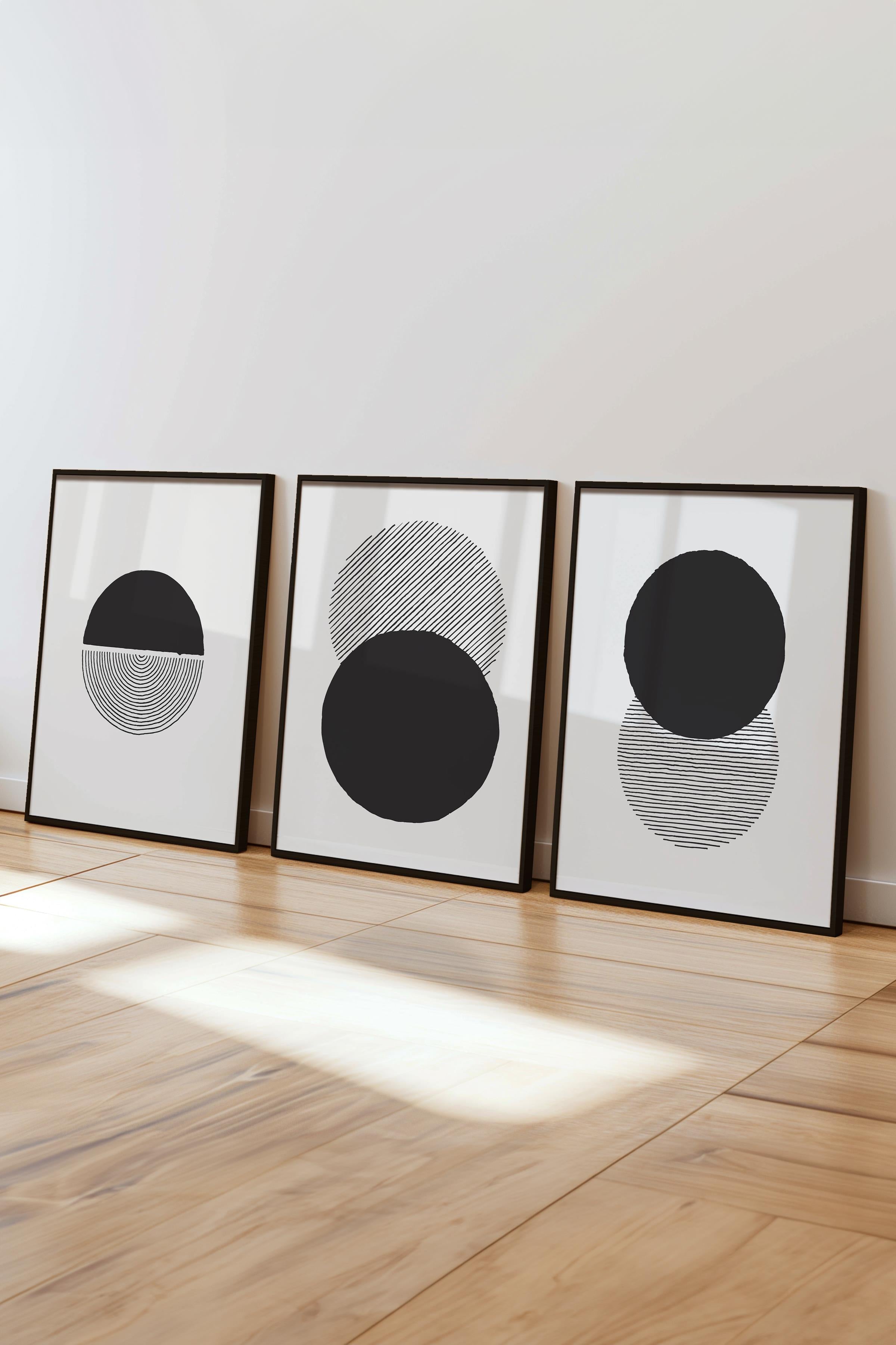 Çerçeveli Tablo Seti, 3 Adet Siyah Çerçeve ve Geometrik Temalı Poster Seti, Duvar Tablosu No:300657