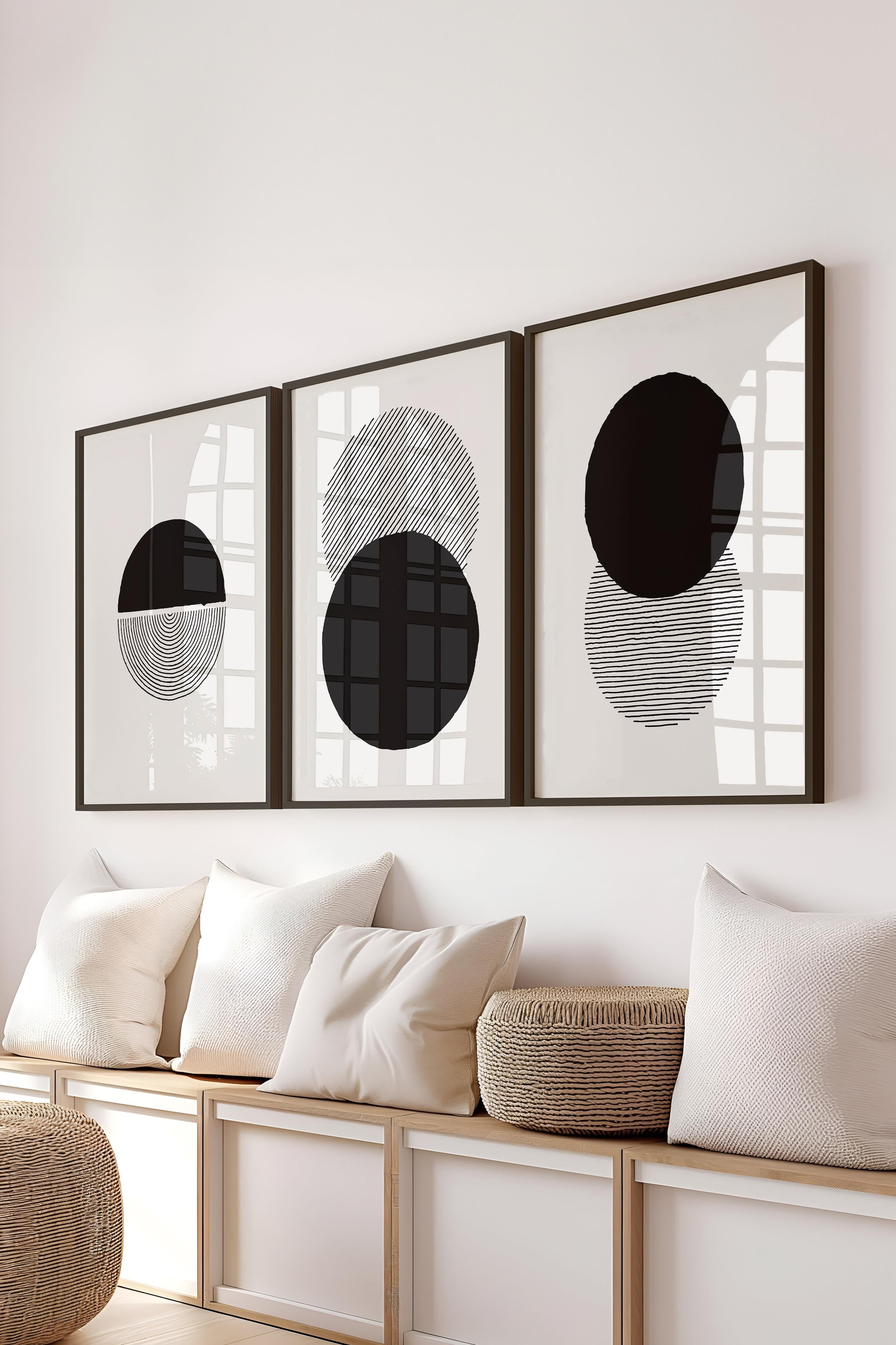 Çerçeveli Tablo Seti, 3 Adet Siyah Çerçeve ve Geometrik Temalı Poster Seti, Duvar Tablosu No:300657