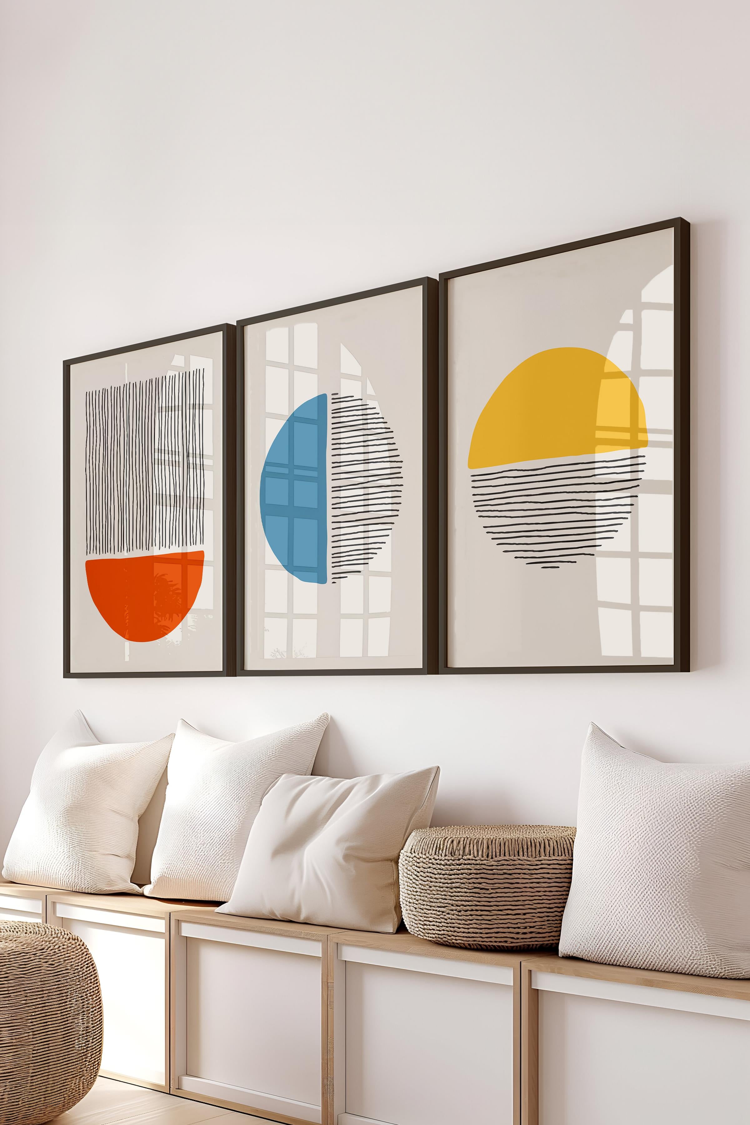 Çerçeveli Tablo Seti, 3 Adet Siyah Çerçeve ve Geometrik Temalı Poster Seti, Duvar Tablosu No:300658