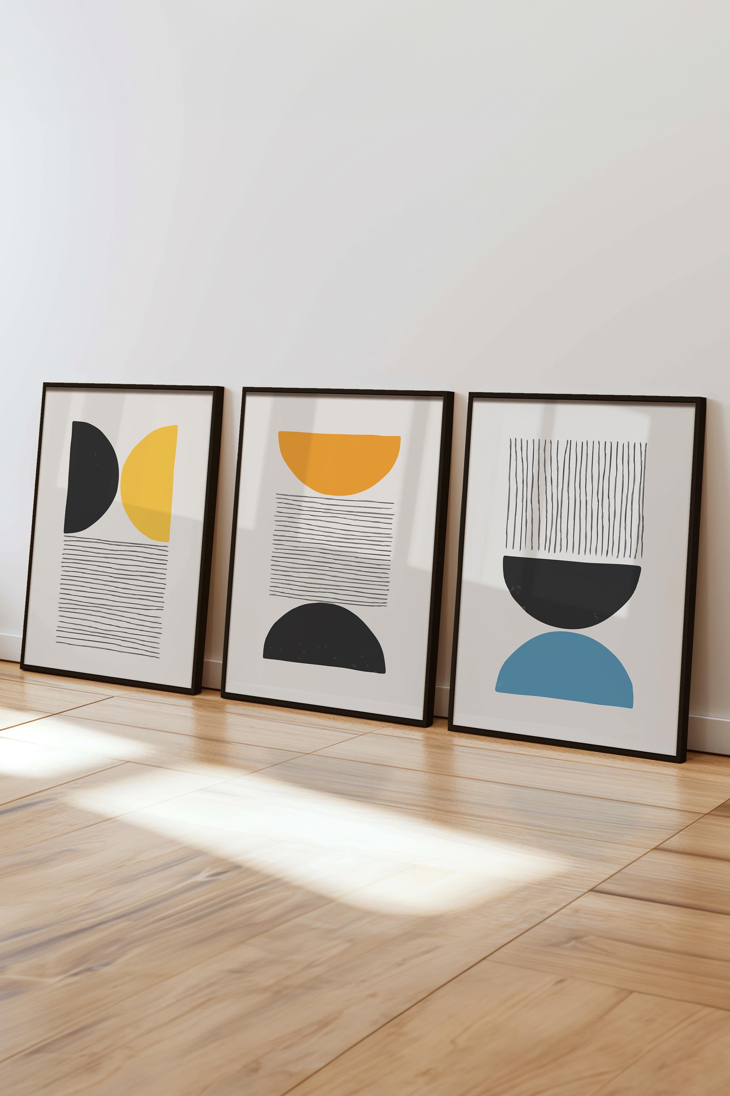 Çerçeveli Tablo Seti, 3 Adet Siyah Çerçeve ve Geometrik Temalı Poster Seti, Duvar Tablosu No:300660