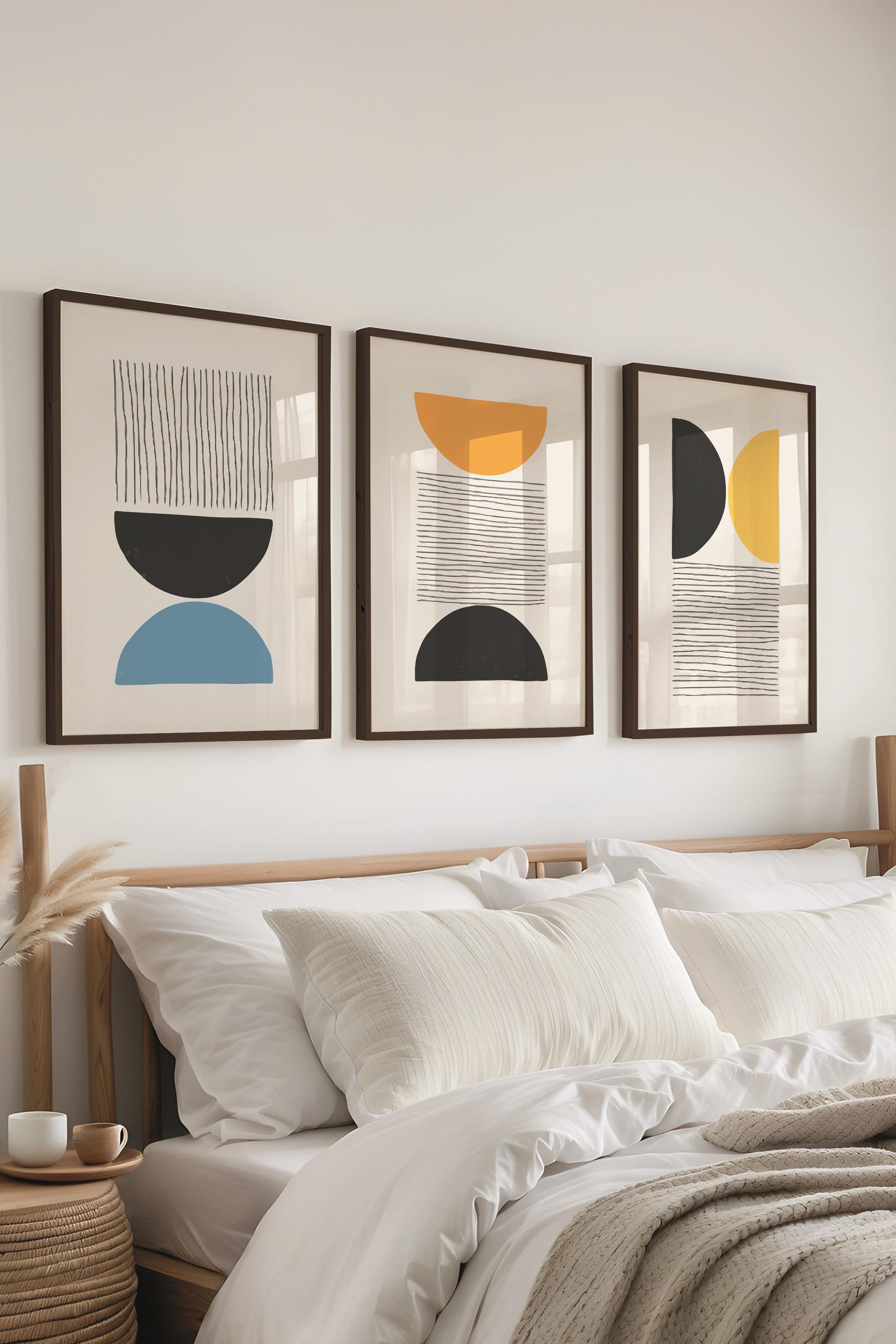 Çerçeveli Tablo Seti, 3 Adet Siyah Çerçeve ve Geometrik Temalı Poster Seti, Duvar Tablosu No:300660