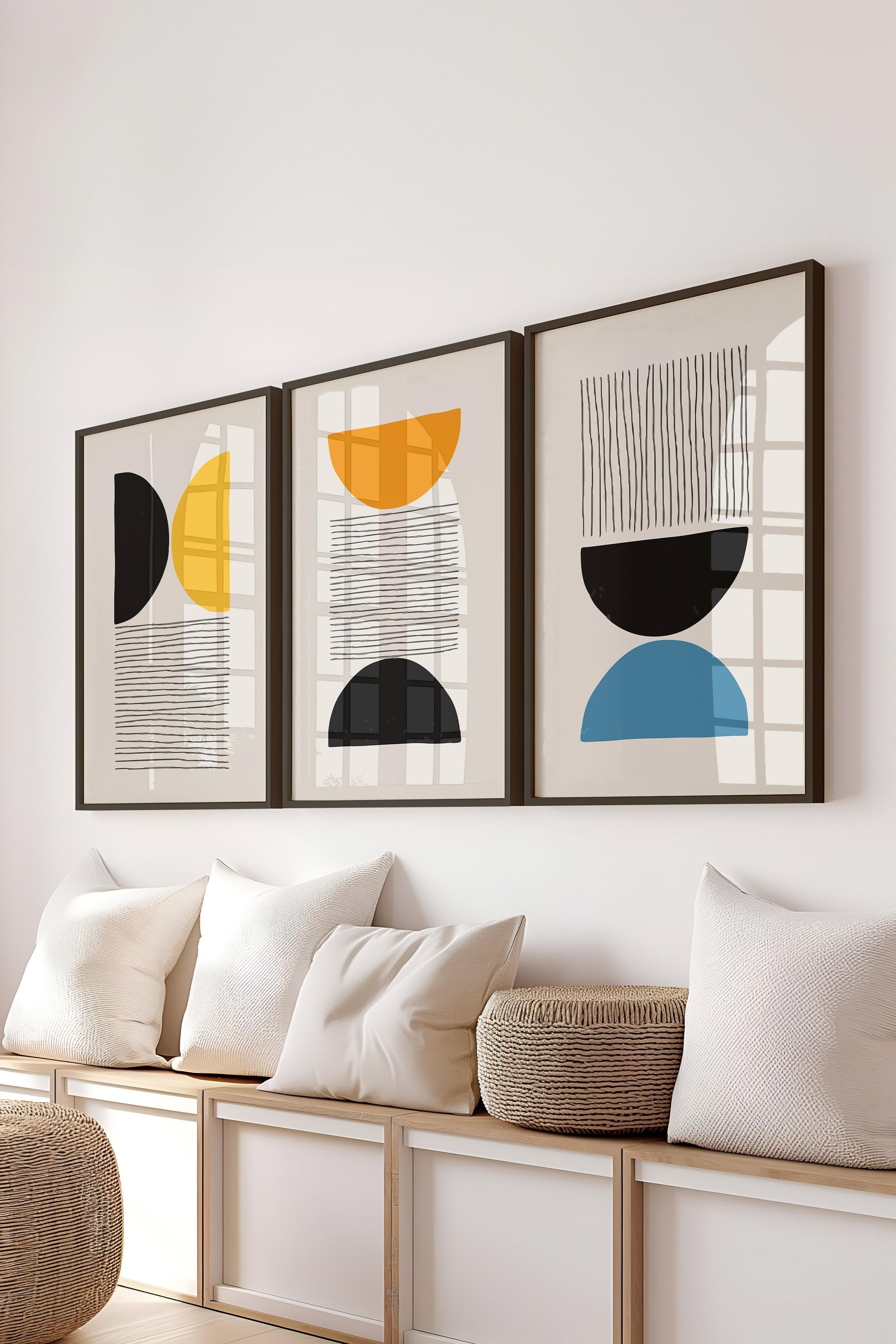 Çerçeveli Tablo Seti, 3 Adet Siyah Çerçeve ve Geometrik Temalı Poster Seti, Duvar Tablosu No:300660