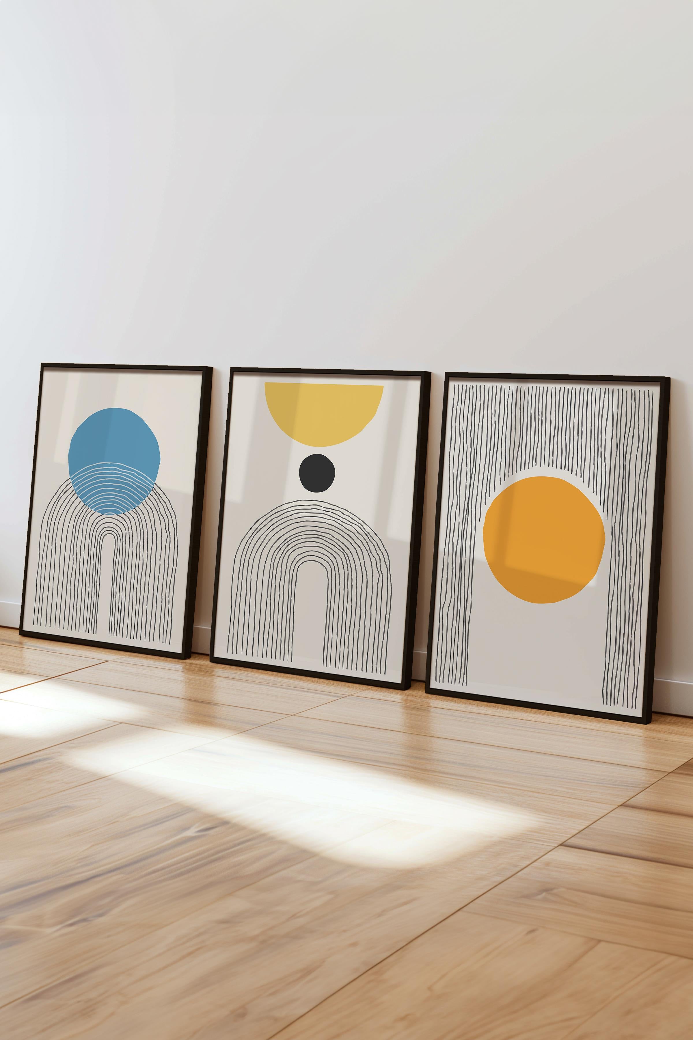 Çerçeveli Tablo Seti, 3 Adet Siyah Çerçeve ve Geometrik Temalı Poster Seti, Duvar Tablosu No:300661