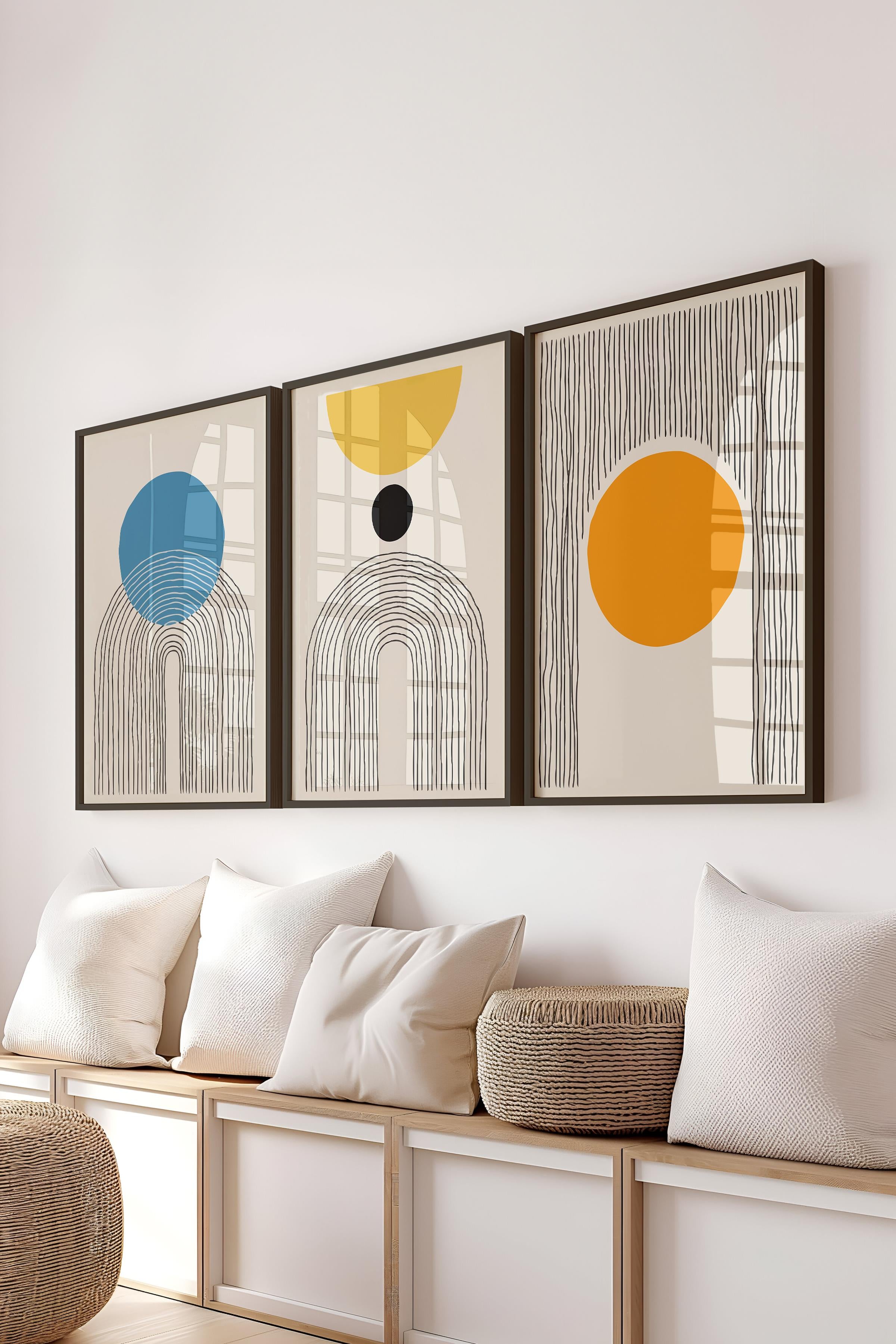 Çerçeveli Tablo Seti, 3 Adet Siyah Çerçeve ve Geometrik Temalı Poster Seti, Duvar Tablosu No:300661