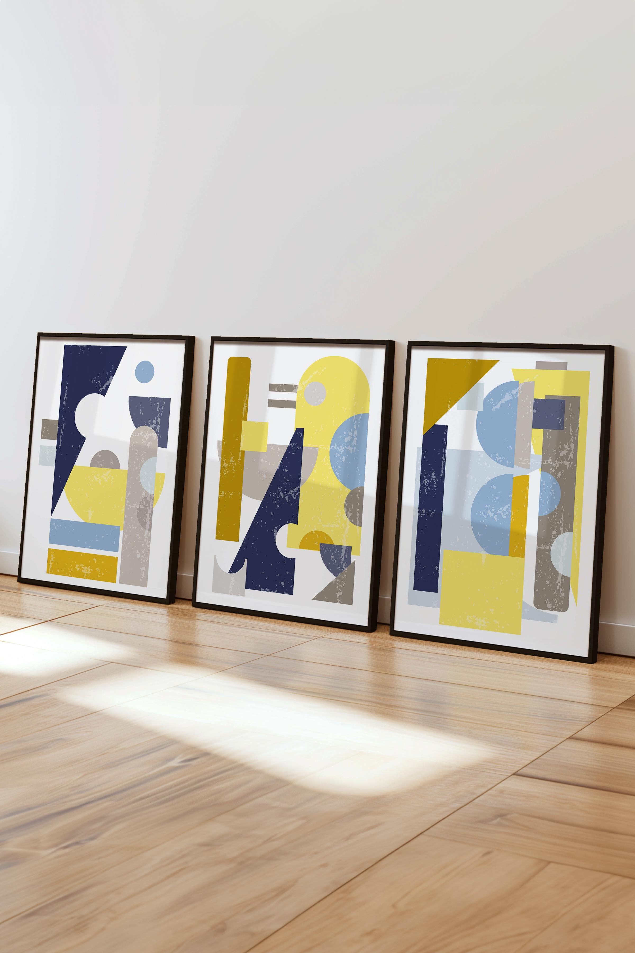 Çerçeveli Tablo Seti, 3 Adet Siyah Çerçeve ve Geometrik Temalı Poster Seti, Duvar Tablosu No:300663