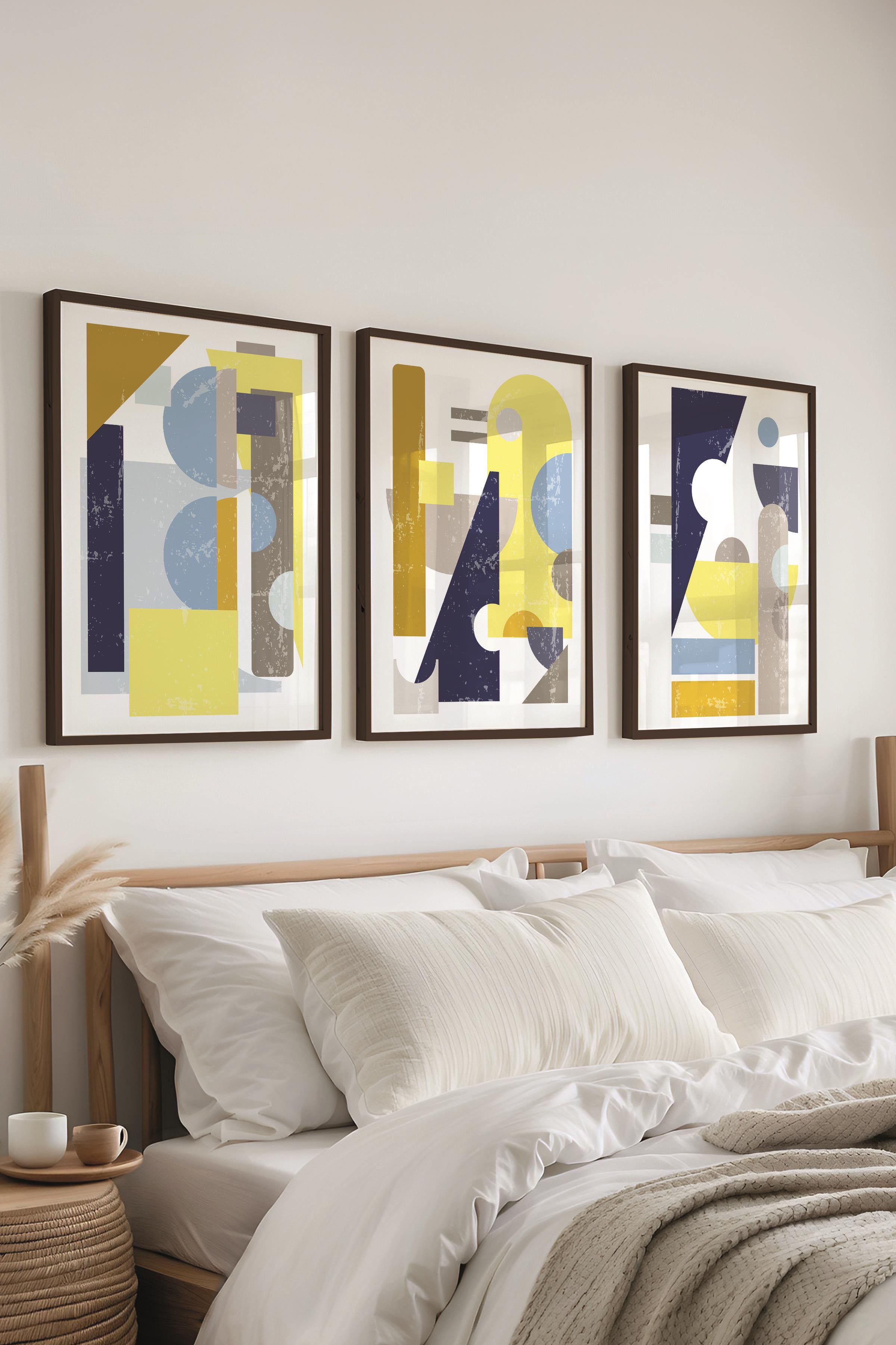 Çerçeveli Tablo Seti, 3 Adet Siyah Çerçeve ve Geometrik Temalı Poster Seti, Duvar Tablosu No:300663