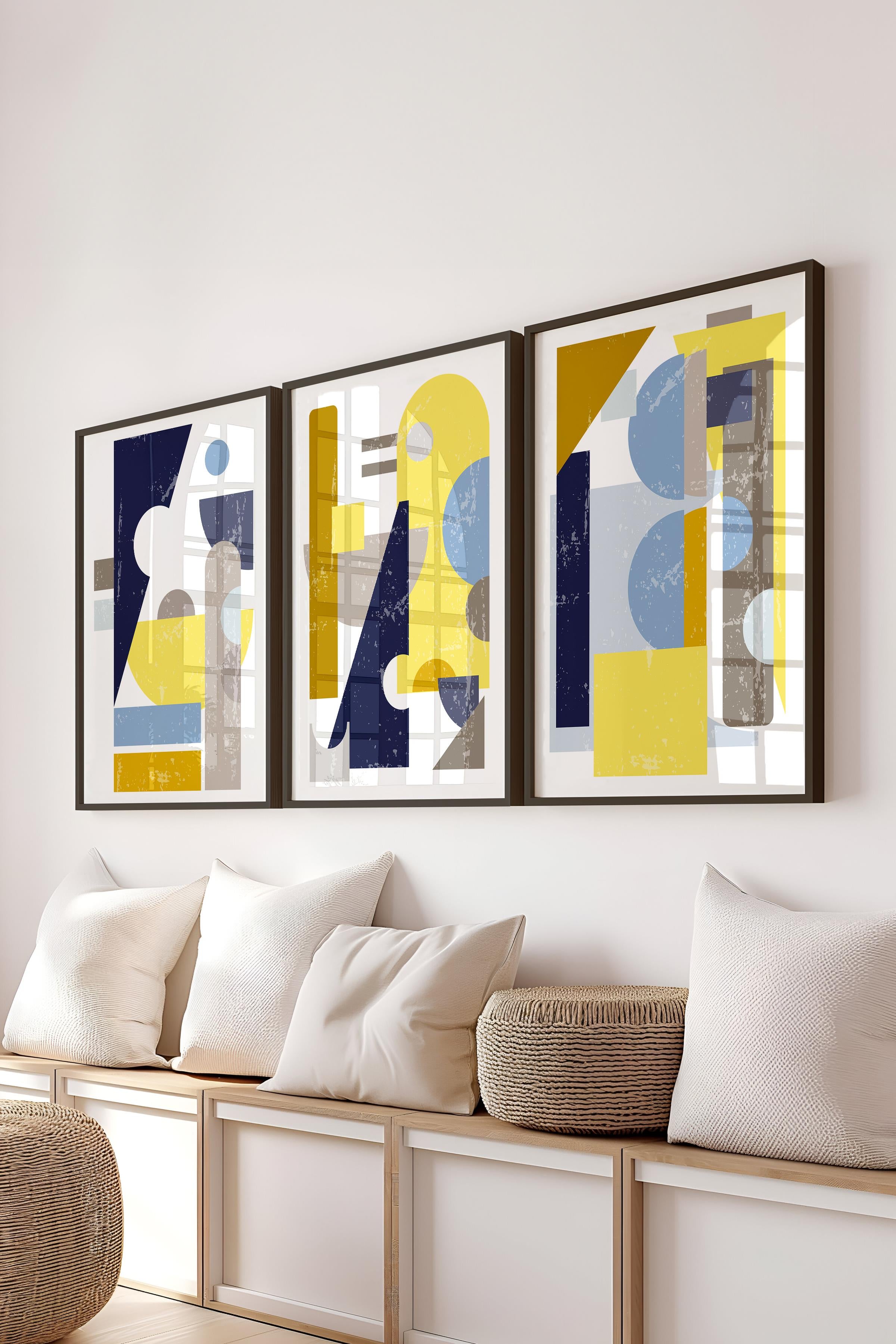 Çerçeveli Tablo Seti, 3 Adet Siyah Çerçeve ve Geometrik Temalı Poster Seti, Duvar Tablosu No:300663