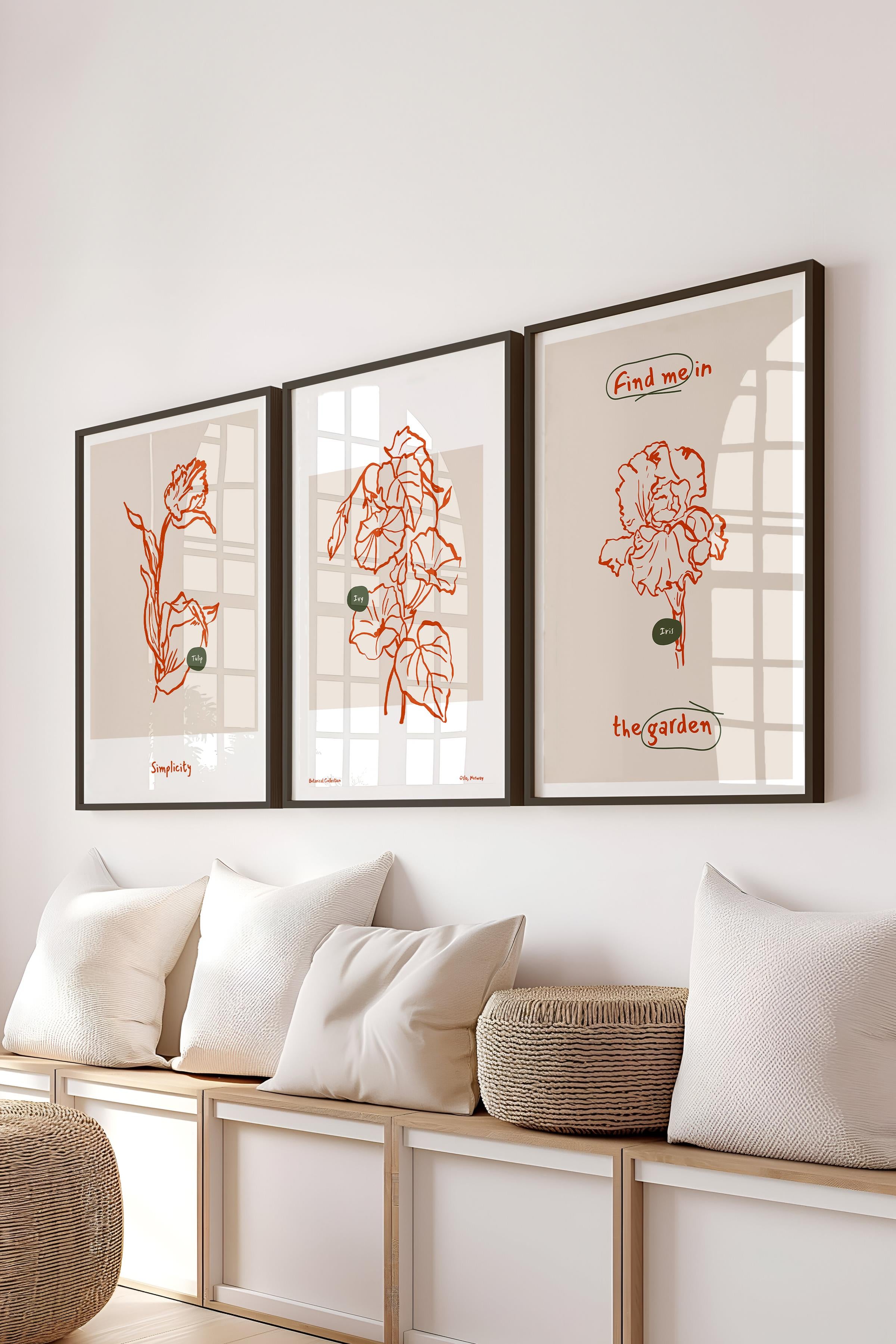 Çerçeveli Tablo Seti, 3 Adet Siyah Çerçeve ve Minimalist Botanik Temalı Poster Seti, No:300469