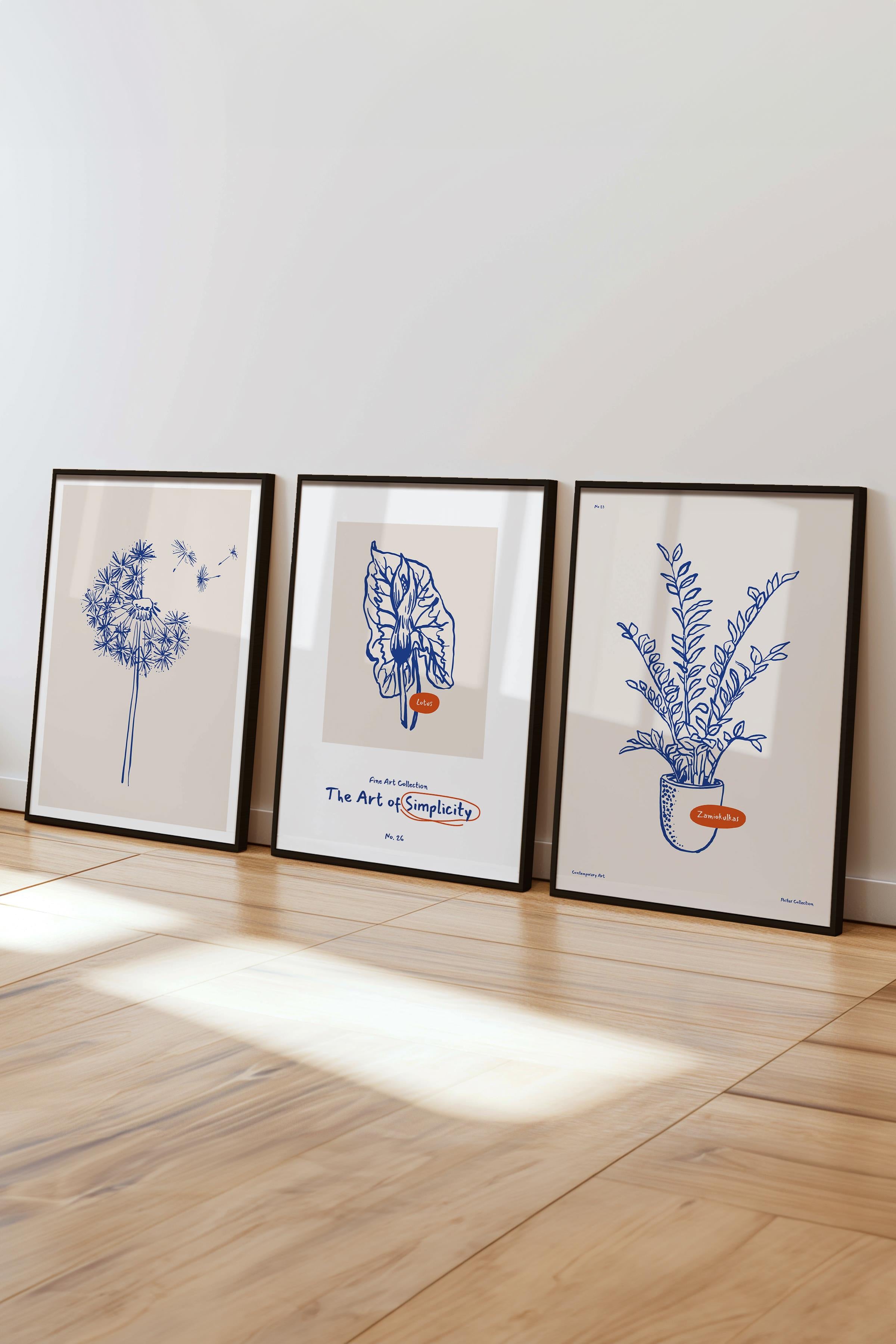 Çerçeveli Tablo Seti, 3 Adet Siyah Çerçeve ve Minimalist Botanik Temalı Poster Seti, No:300472