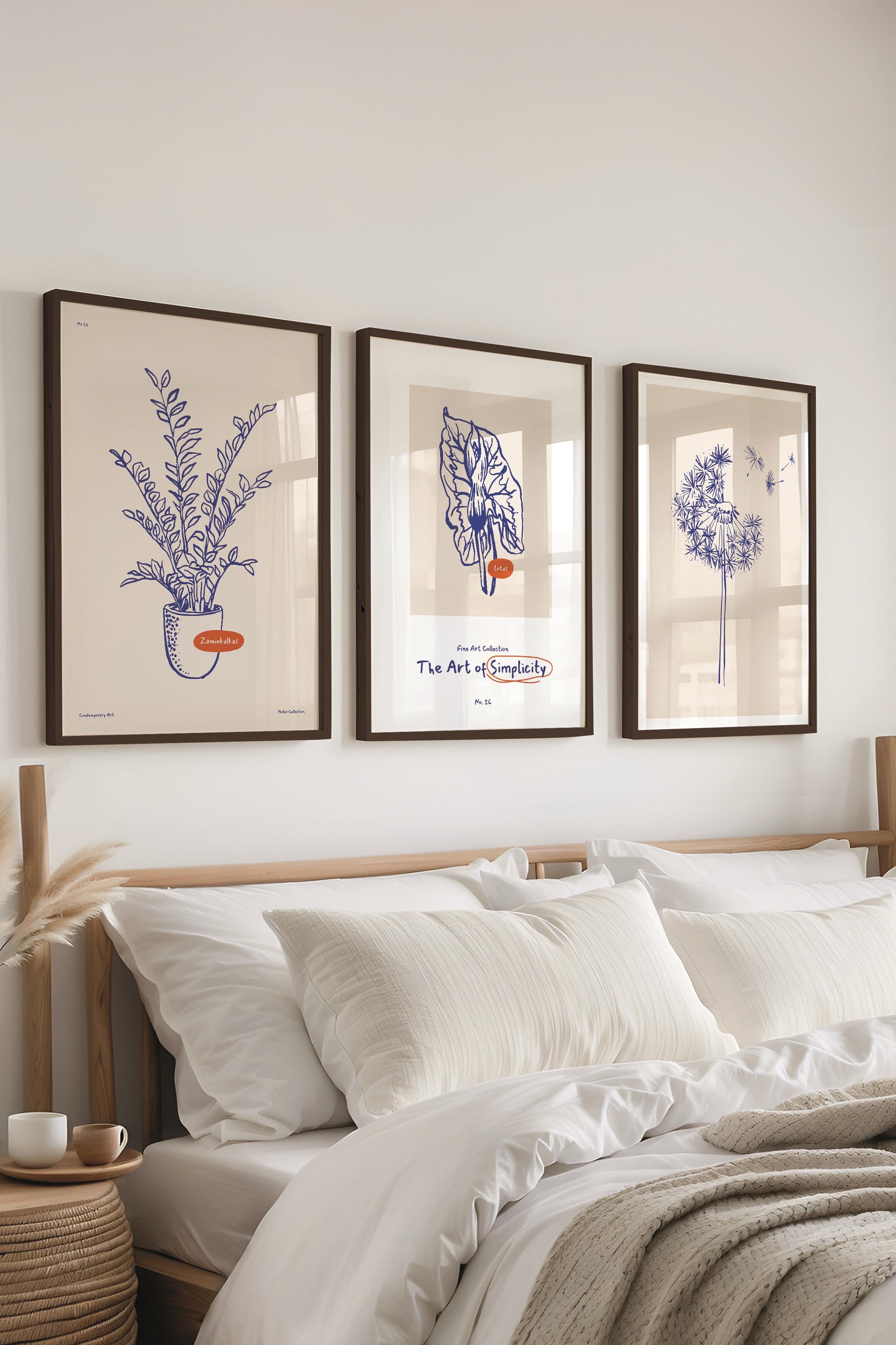 Çerçeveli Tablo Seti, 3 Adet Siyah Çerçeve ve Minimalist Botanik Temalı Poster Seti, No:300472