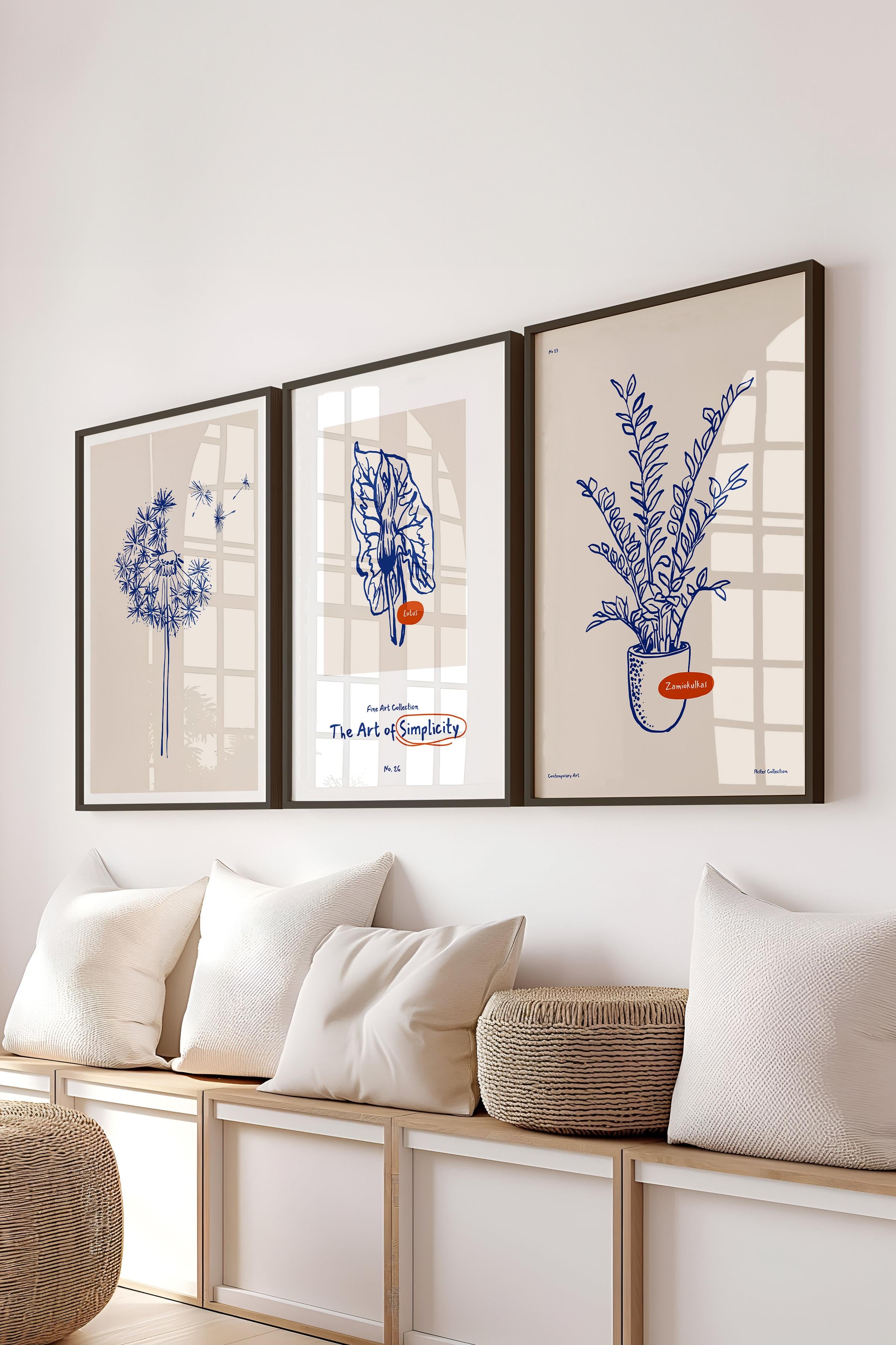 Çerçeveli Tablo Seti, 3 Adet Siyah Çerçeve ve Minimalist Botanik Temalı Poster Seti, No:300472