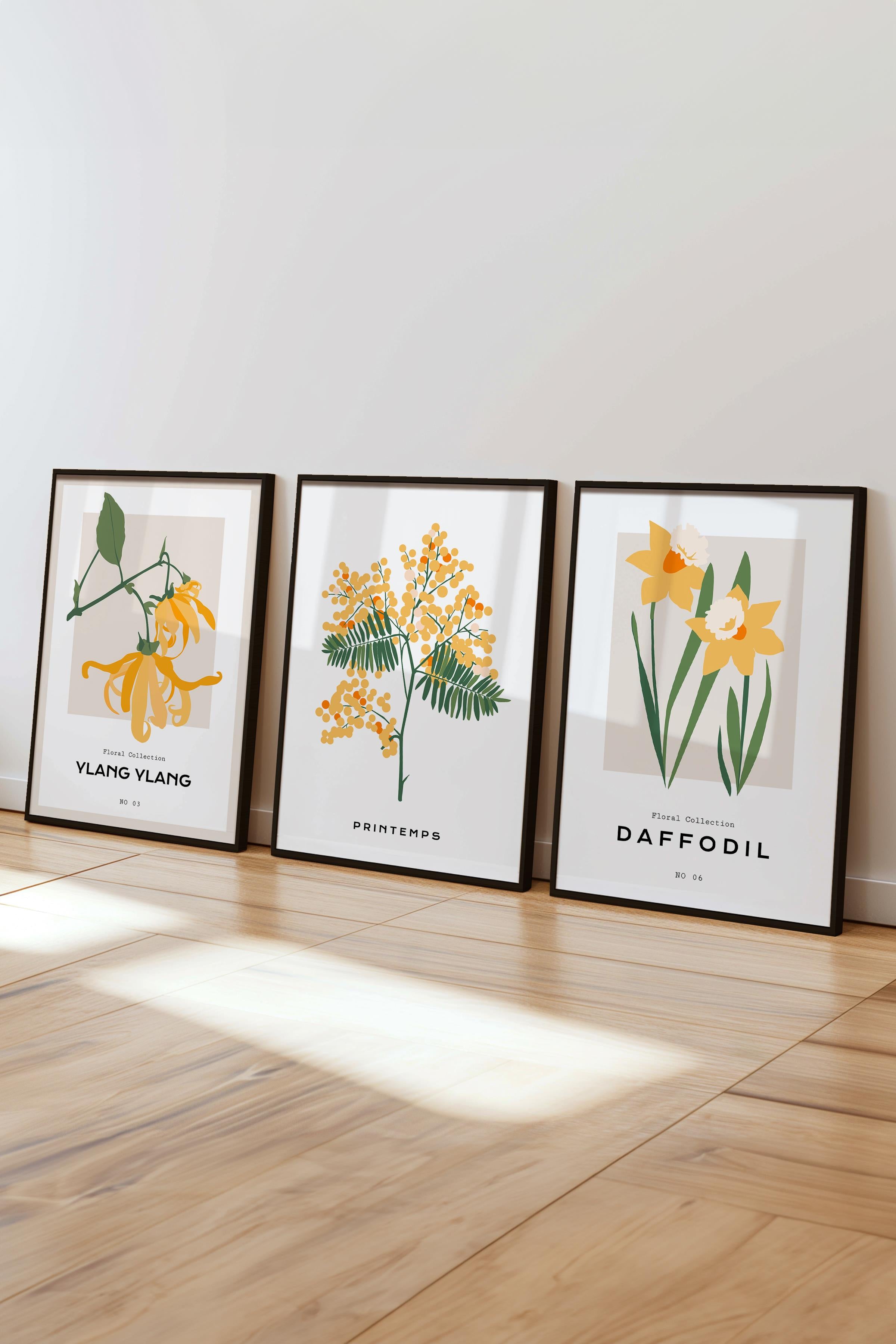 Çerçeveli Tablo Seti, 3 Adet Siyah Çerçeve ve Minimalist Botanik Temalı Poster Seti, No:300477