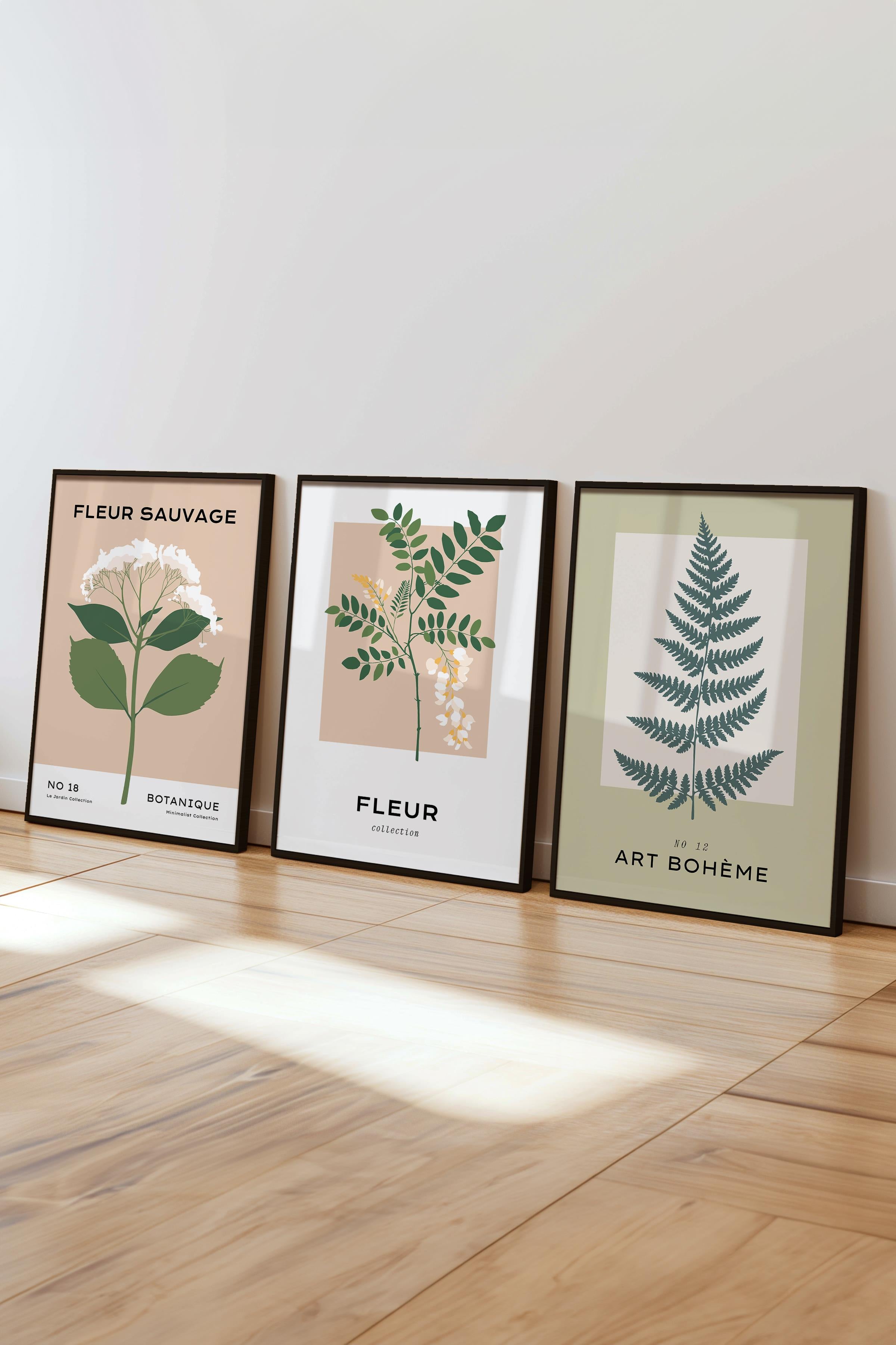 Çerçeveli Tablo Seti, 3 Adet Siyah Çerçeve ve Minimalist Çiçekler Temalı Poster Seti, No:300485