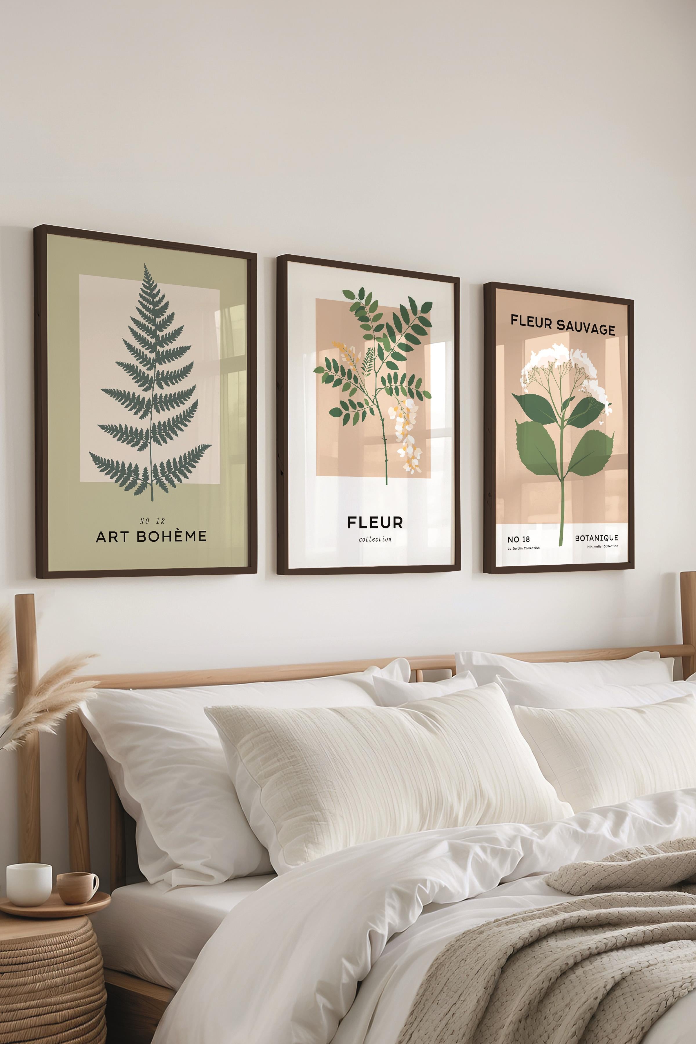 Çerçeveli Tablo Seti, 3 Adet Siyah Çerçeve ve Minimalist Çiçekler Temalı Poster Seti, No:300485