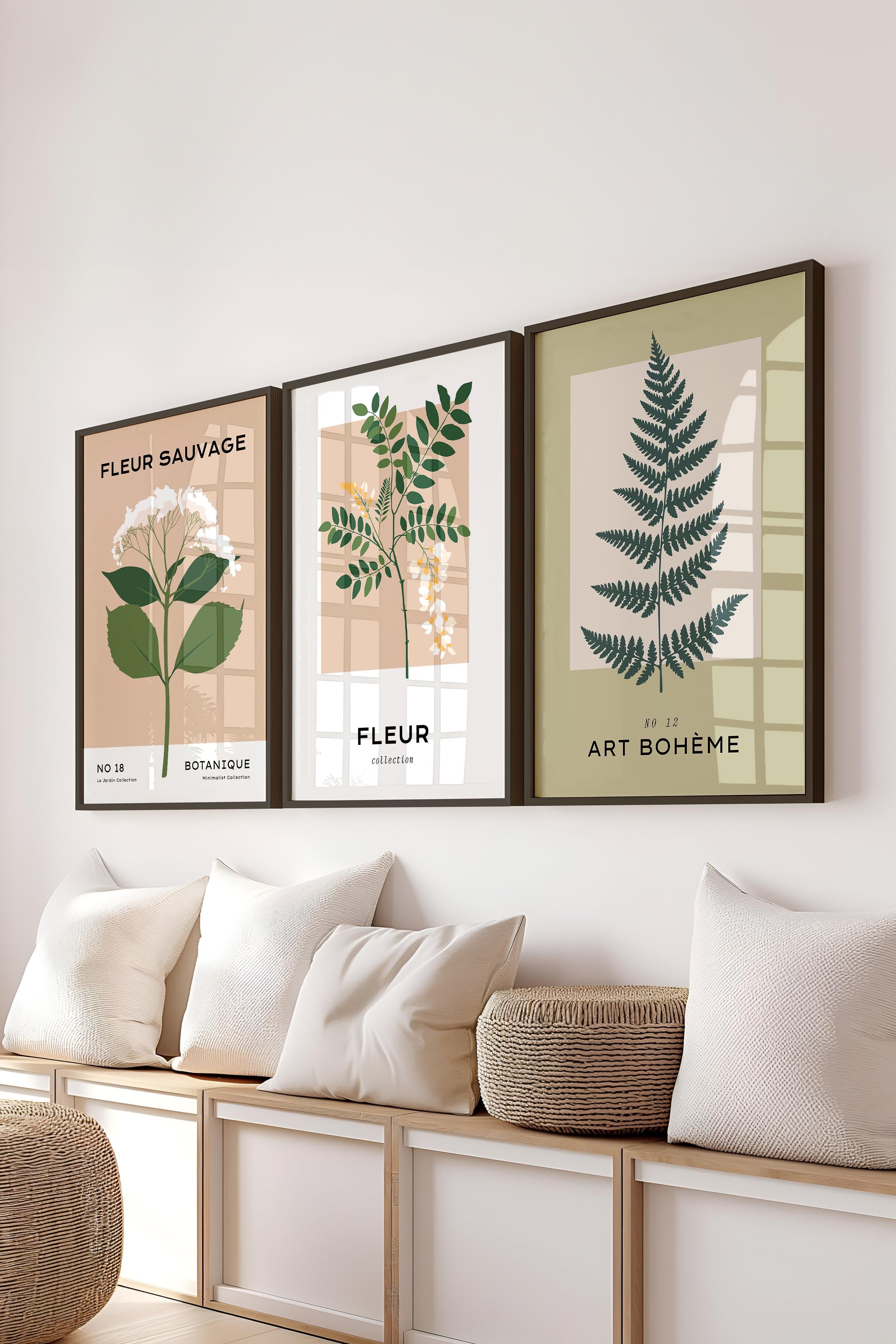 Çerçeveli Tablo Seti, 3 Adet Siyah Çerçeve ve Minimalist Çiçekler Temalı Poster Seti, No:300485