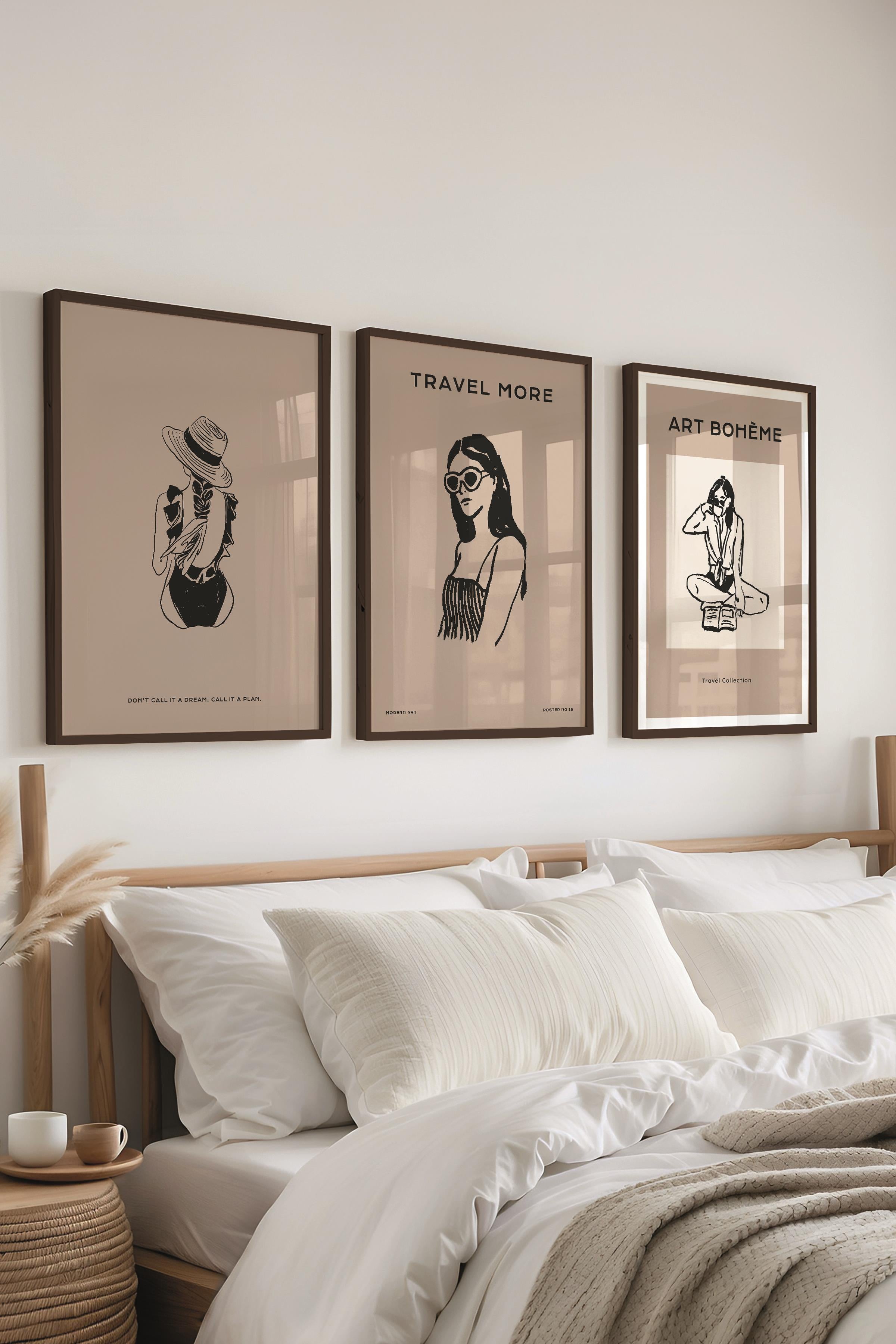 Çerçeveli Tablo Seti, 3 Adet Siyah Çerçeve ve Minimalist Çizim Temalı Poster Seti, No:300518